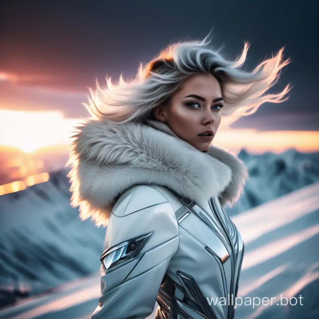 Street photography of futuristic arctic princess. strong look to camera. hair gently blowing in breeze. Standing on snowy mountain side. sunset, uplight