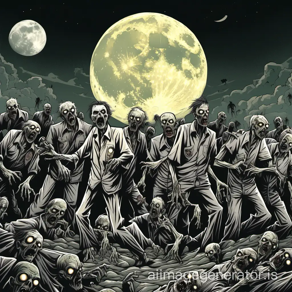 Zombies against the backdrop of the enormous Moon