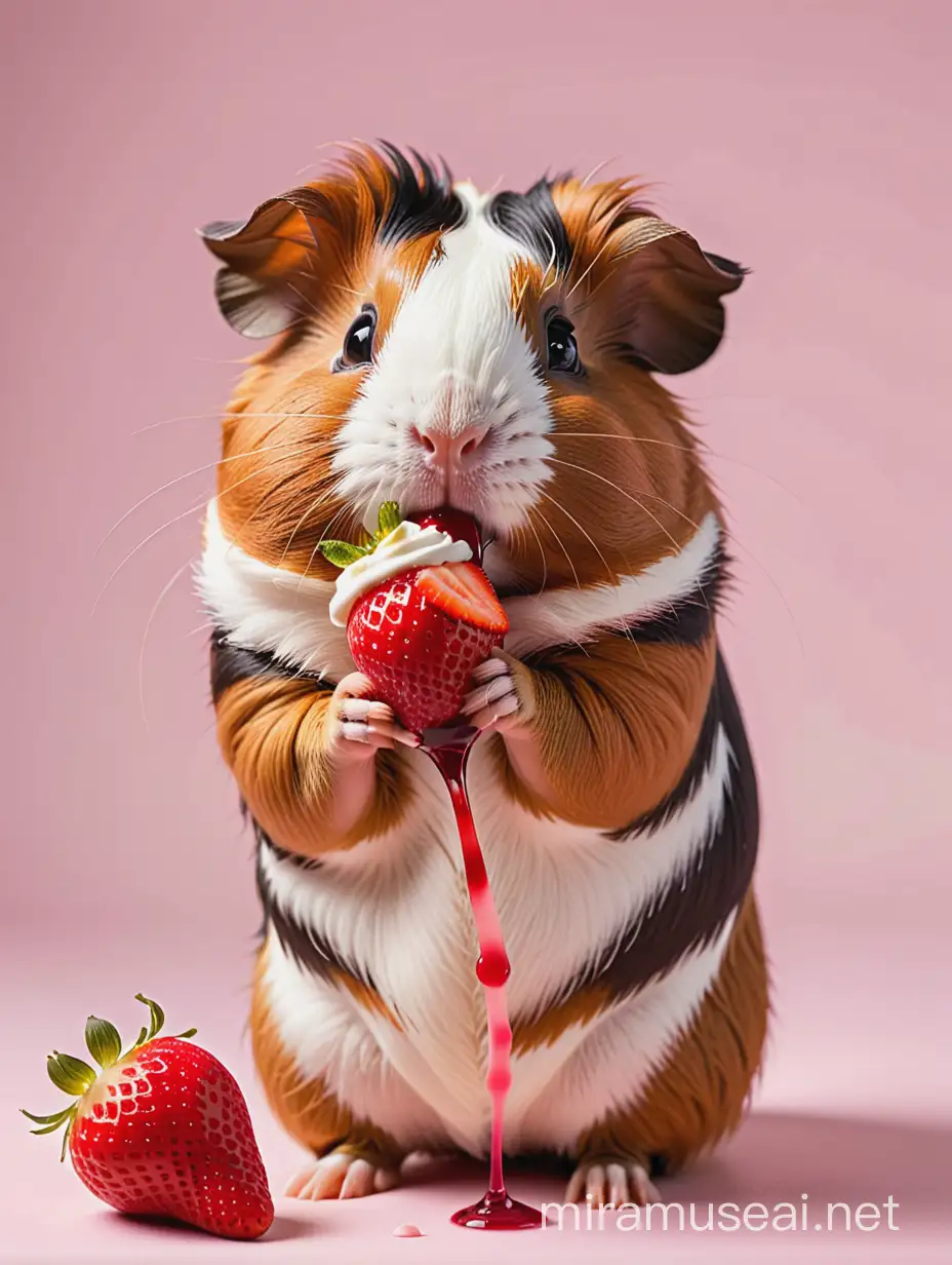 Cute guinea pig standing upright tasting a strawberry sundae, isolated