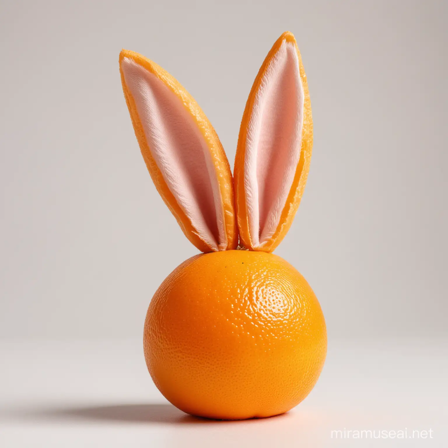 Juicy Orange with Playful Rabbit Ears on Pure White Background