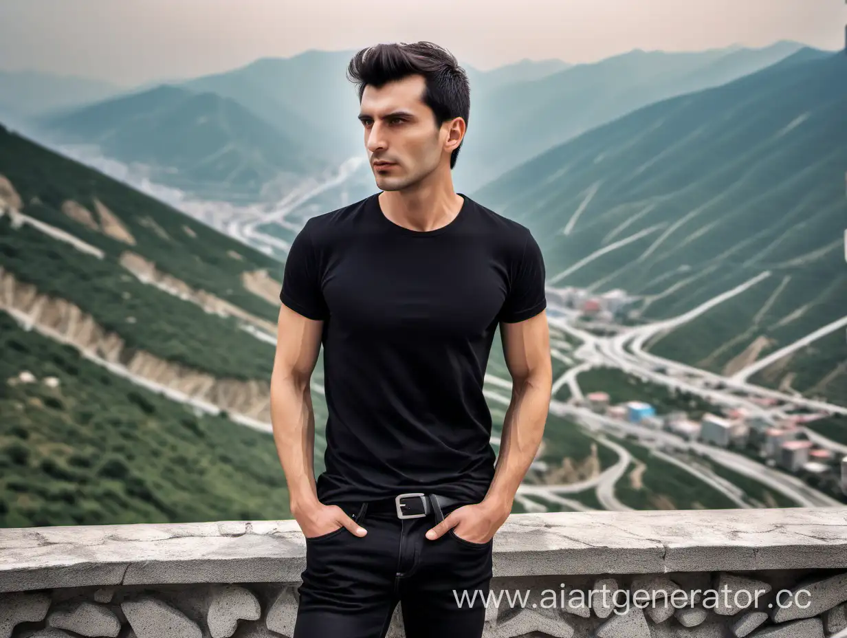 красивый темноволосый парень похожий на таркана в черной майке в черных джинсах в белых кросовках,  горы, азербайджан