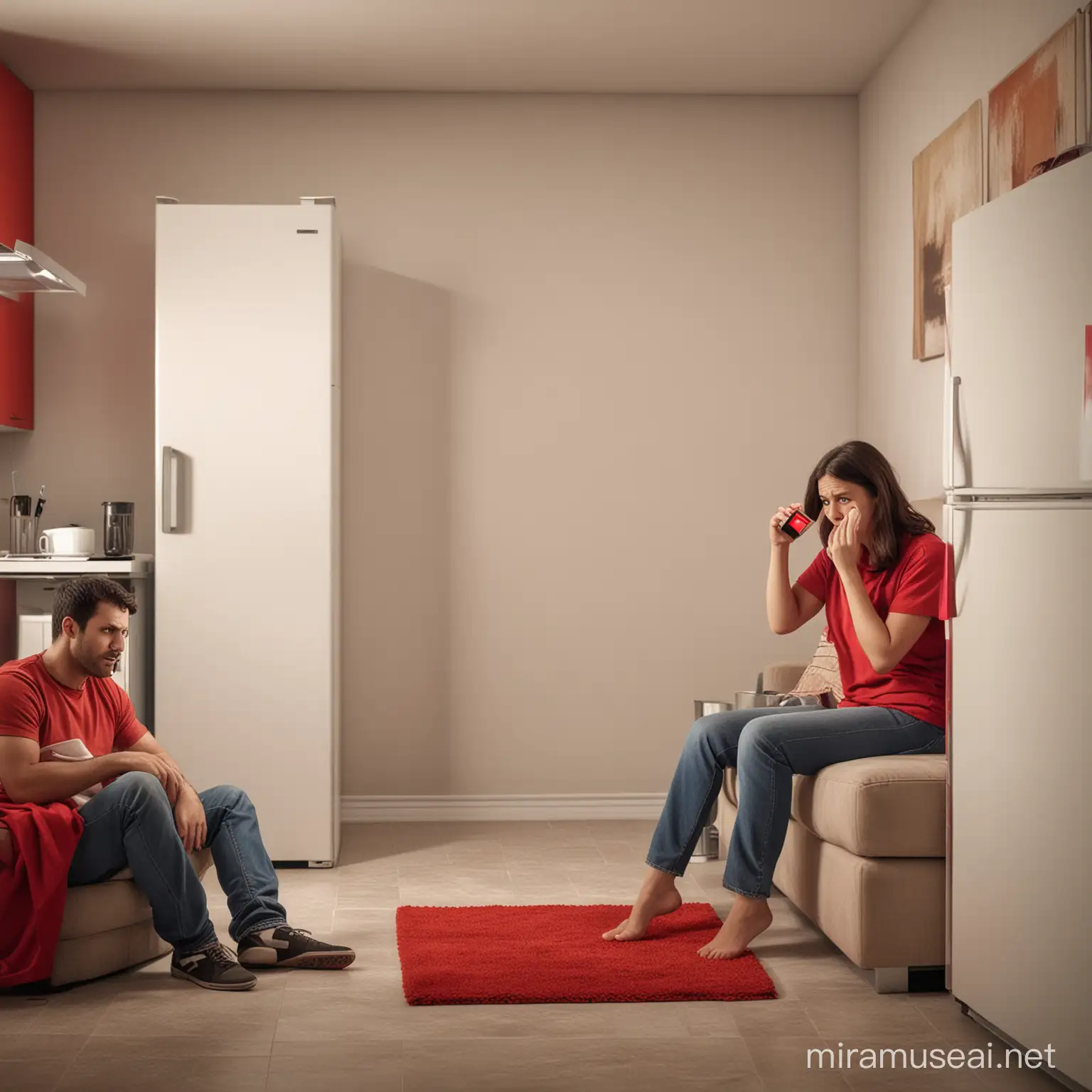 Uma mulher sentada em um sofá, segurando um celular com a tela vermelha, em um ambiente doméstico. Atrás dela, um homem com uma reação brava olhando para dentro de uma geladeira vazia,. A imagem deve ser ultra realista, com atenção aos detalhes como expressões faciais, iluminação e textura