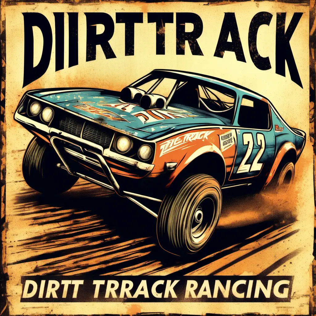 Dirt track racing illustration, distressed edges on image, design for a t-shirt, 7 color palette
