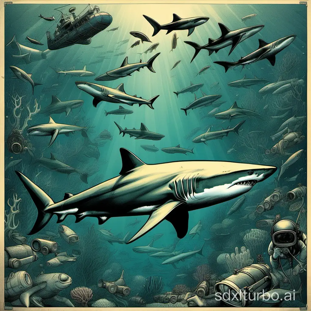 Deep sea, sharks, submarines, humans