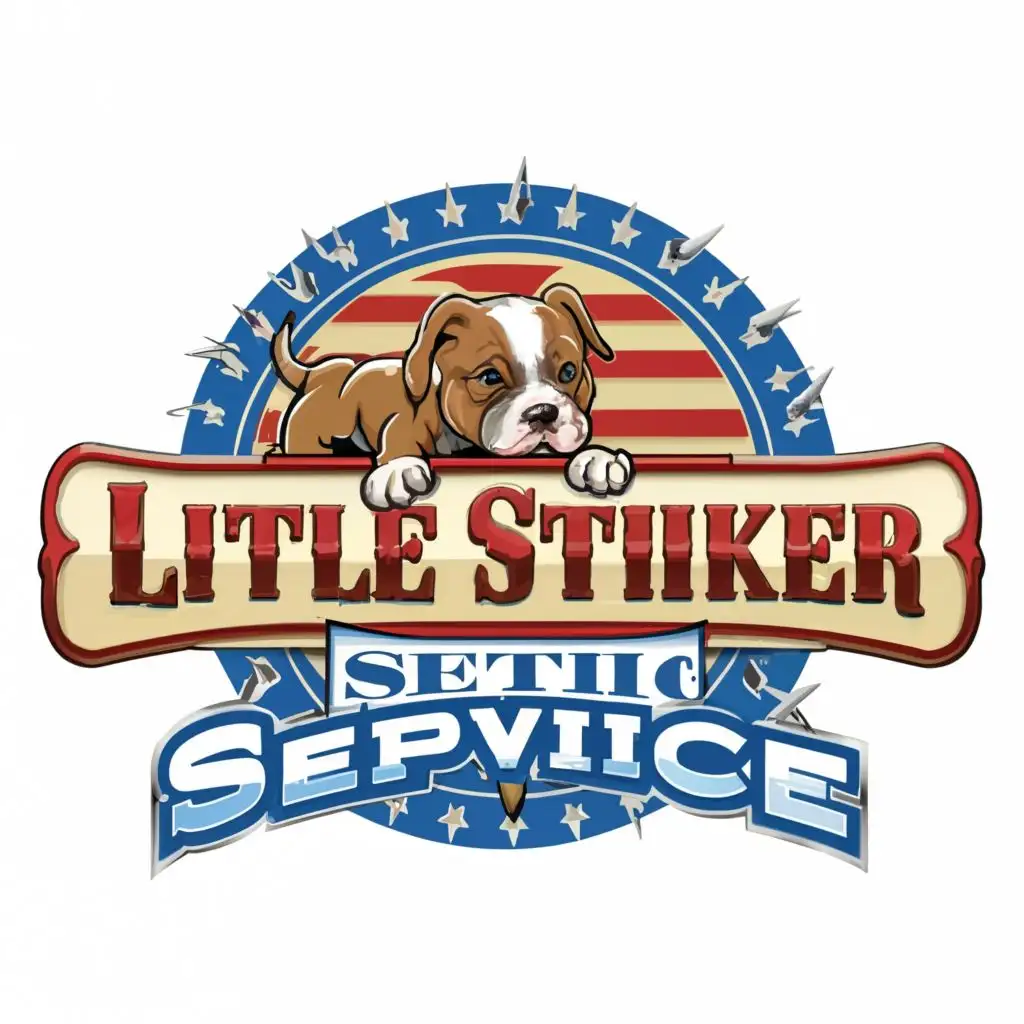 logo, british bulld dog holding a sign that reads Little Stinker Septic service standing in front of american flag, with the text "Little Stinker Septic service", typography