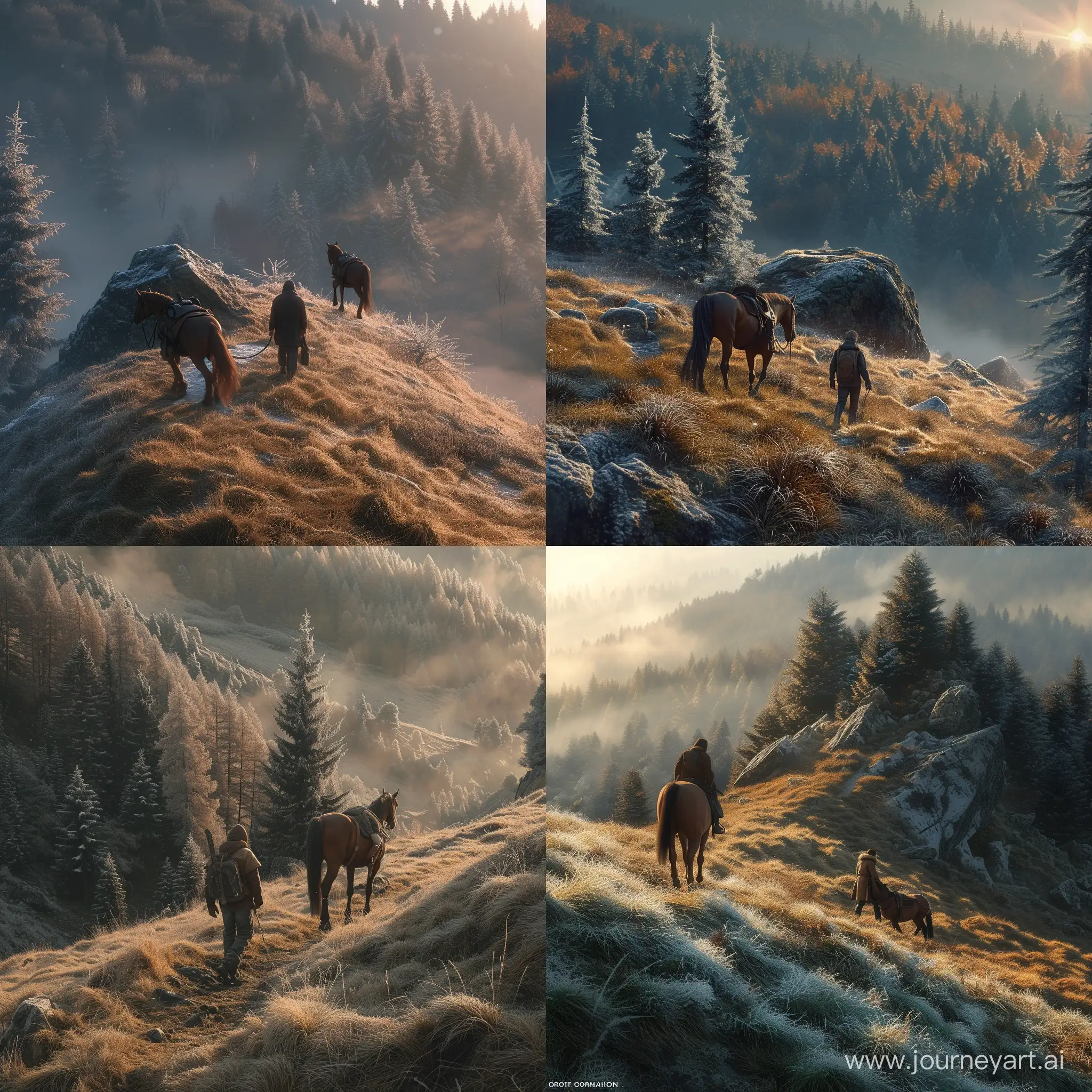 человек идет пешком с лошадью  на вершину горы, вокруг лес, солнце близится к рассвету, на травах  блестят иней