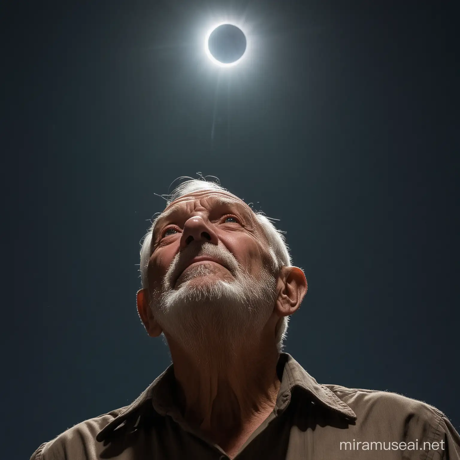 Old man looking up during an eclipse at night