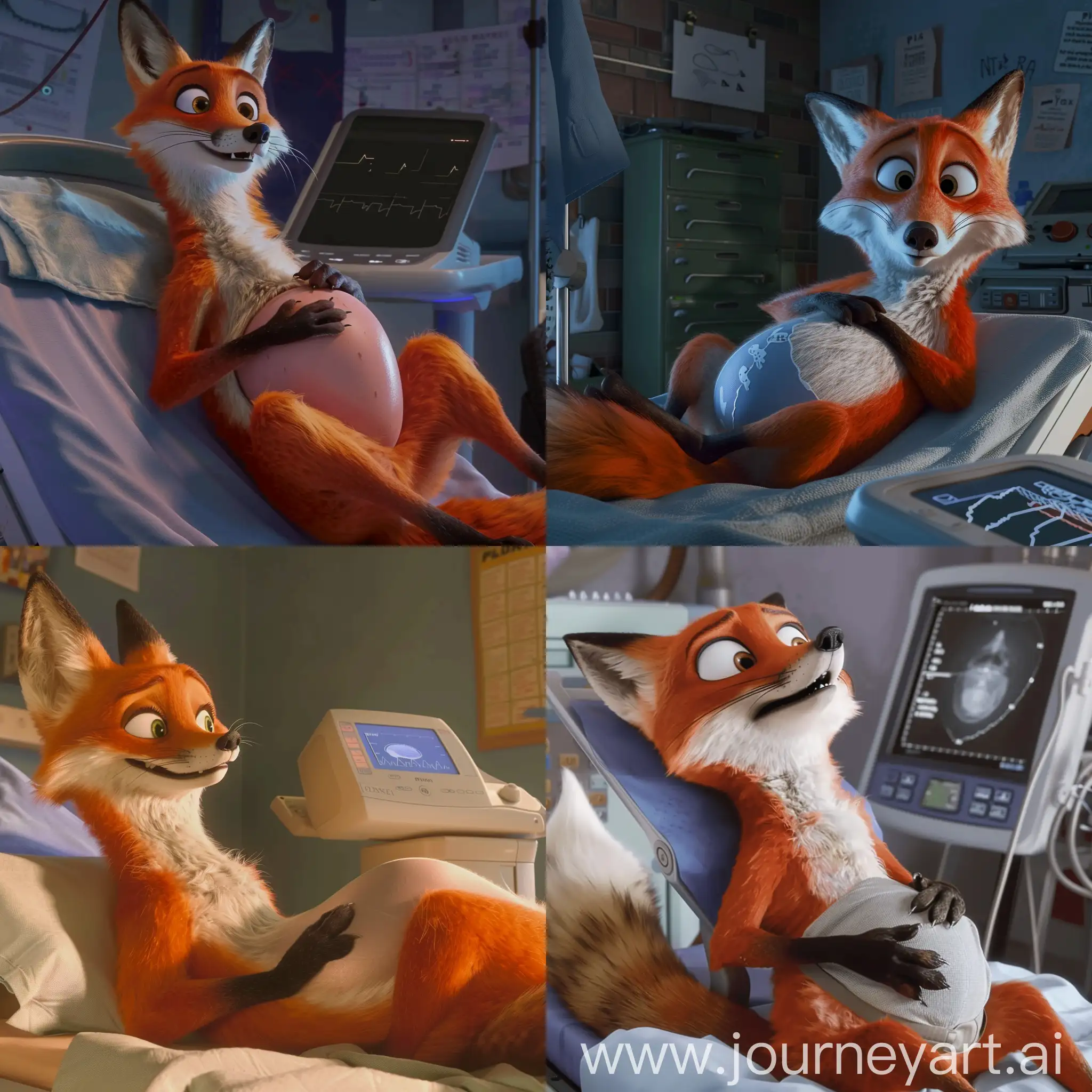 scene from a pixar animation featuring a pregnant fox having an ultrasound, lying on her back, looking nervous 