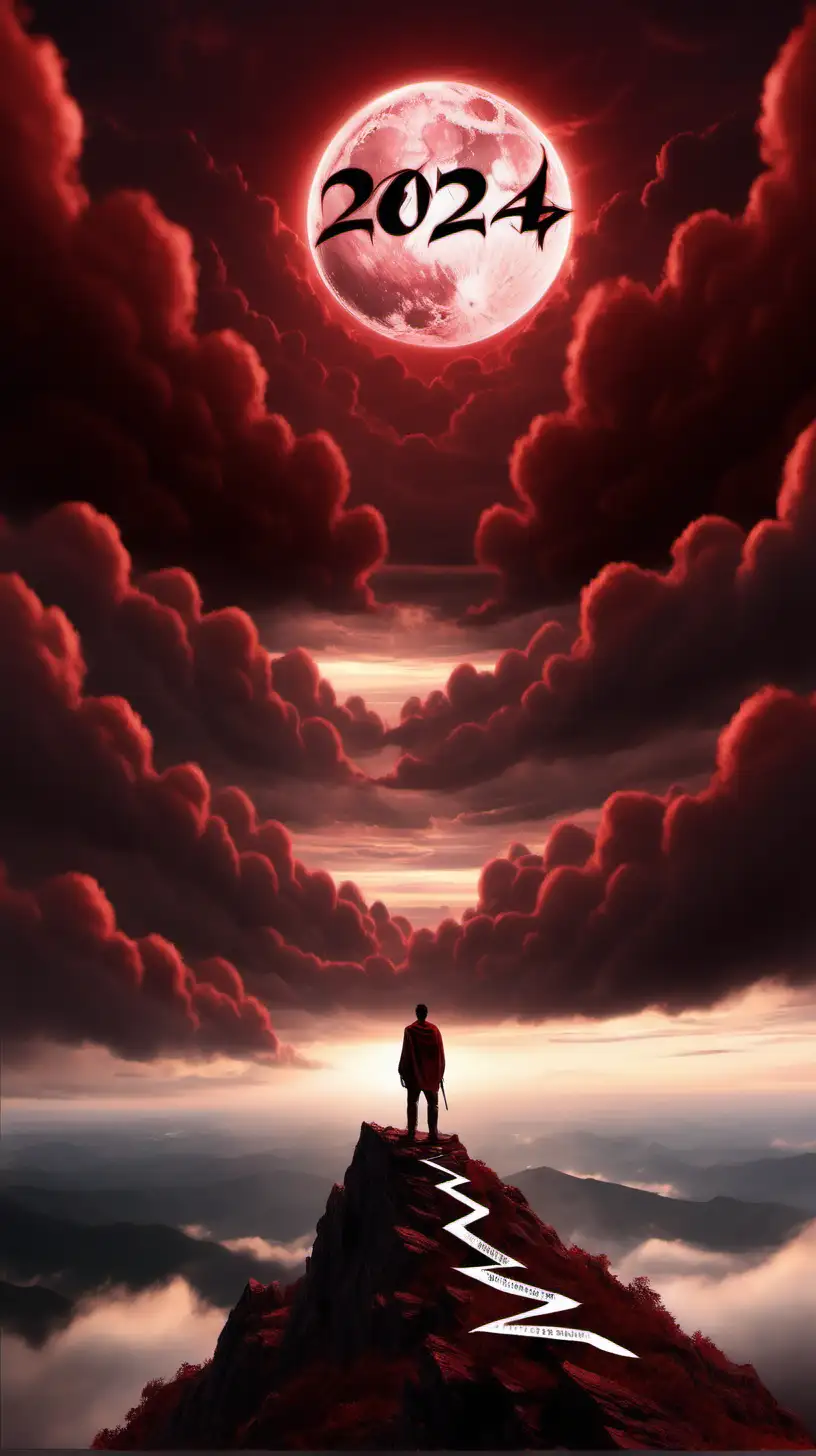 Pria Berdiri di Gunung. Ada tulisan 2024. Melihat ke arah Matahari terbit. awan Merah Gelap.