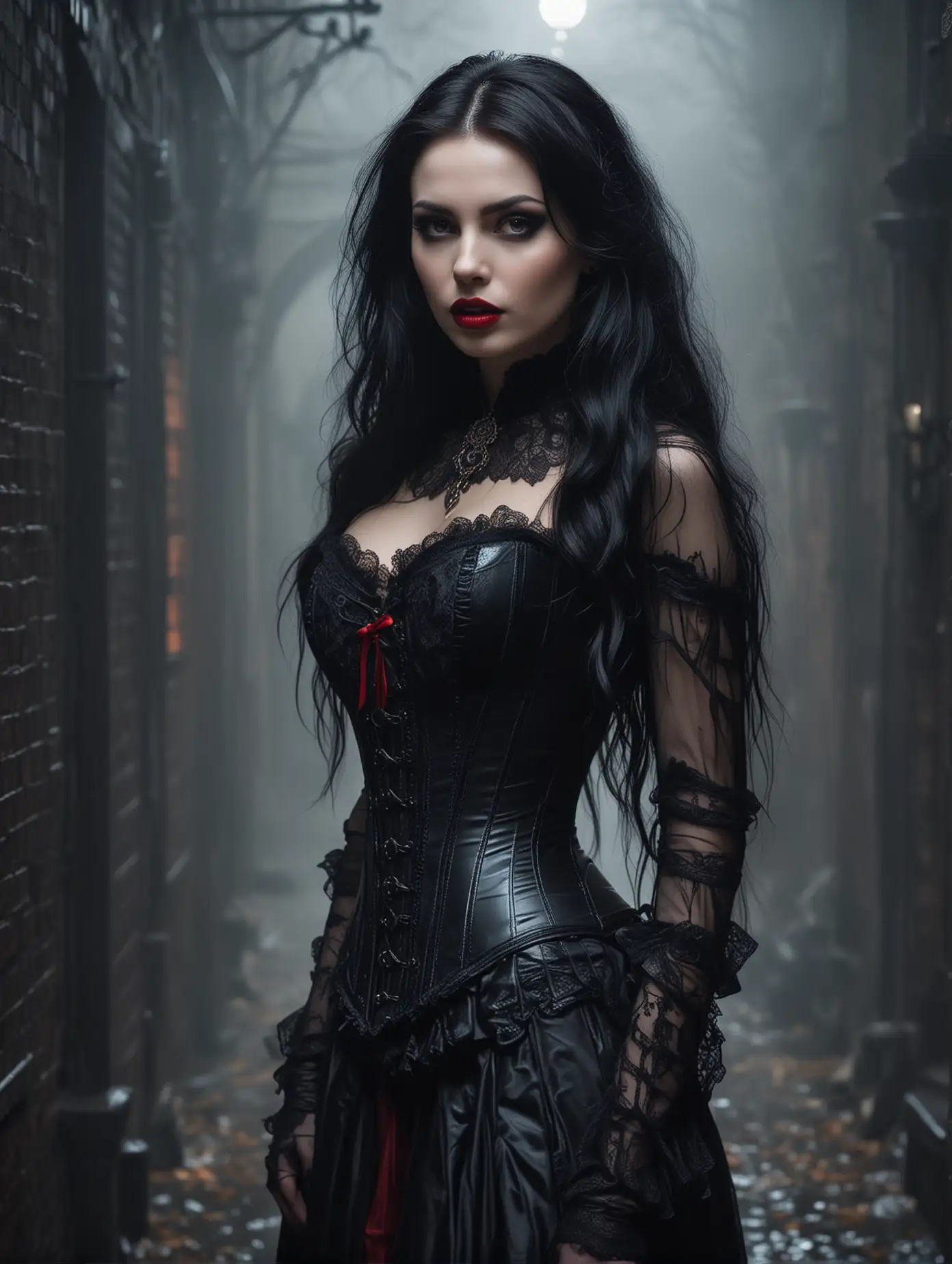 a gothic vampire woman cloaked in the mystery of the night. She wears a tightly laced latex corset, accentuating her ethereal form. Her eyes are a dramatic smokey black, contrasting starkly with her vivid red lipstick that seems to hold the essence of life itself. Her long black hair cascades down her back, whispering secrets of ancient times. The backdrop is a dimly lit, foggy Victorian alley, enhancing her mysterious allure. This scene captures the essence of gothic elegance and vampiric mystique.