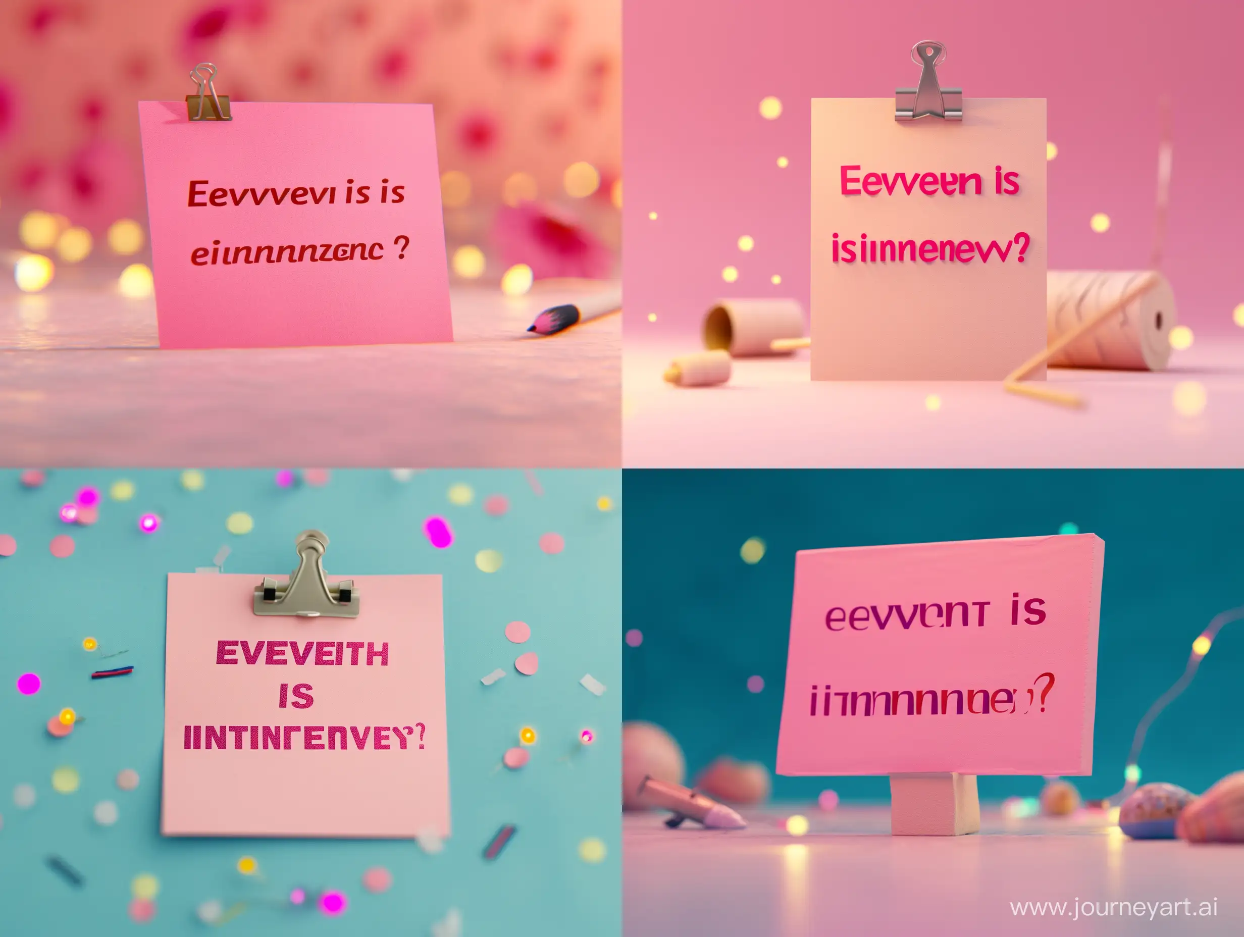 a pink phrase written the following phrase "everything is incredible?", on the post it, realistic, beautiful phrase, lights