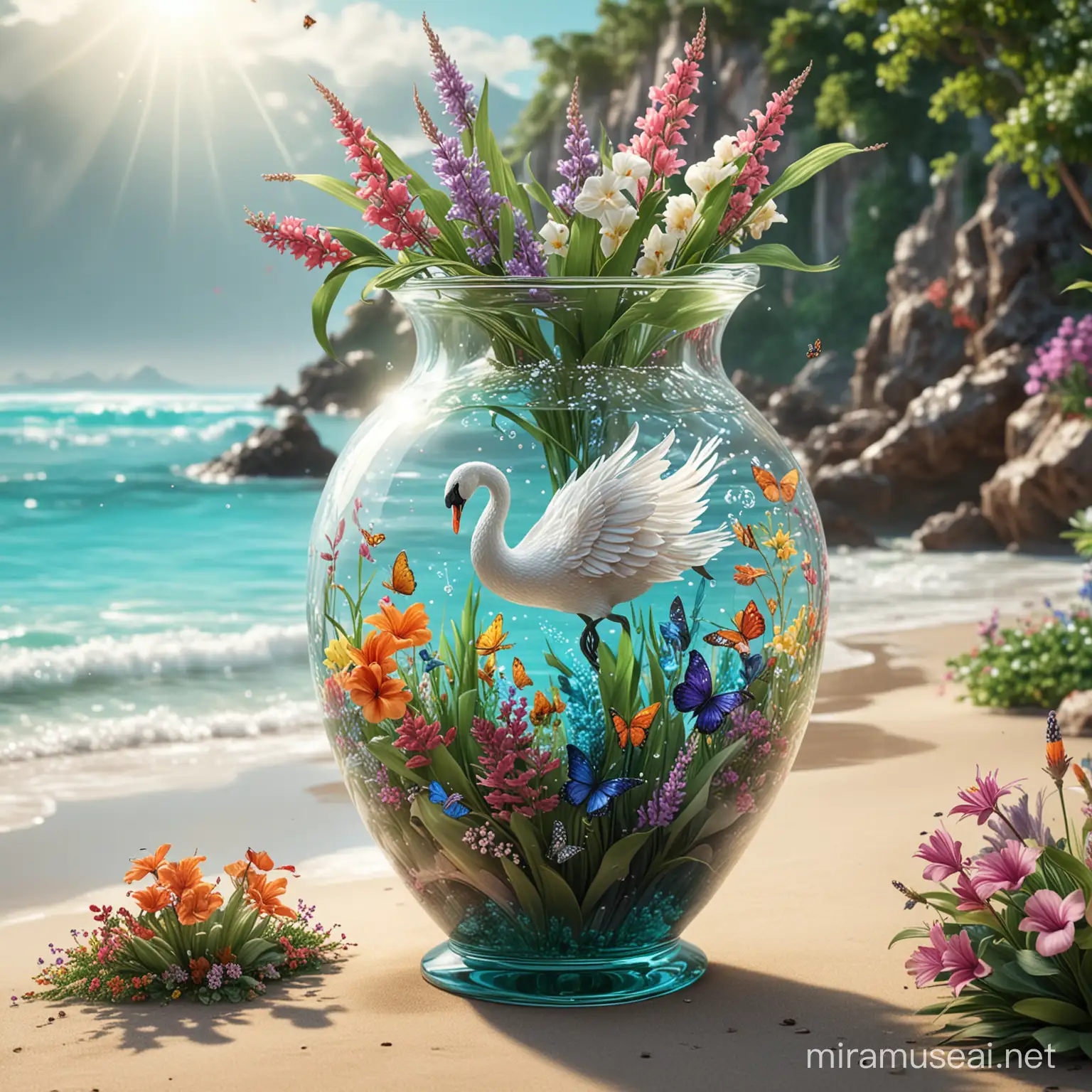 The 3D glass swan background is next to the beach and the excellent quality is 8K Ultra HD
There are many colorful flowers and green plants inside this beautiful vase, and a mermaid and some butterflies are flying above the flowers.