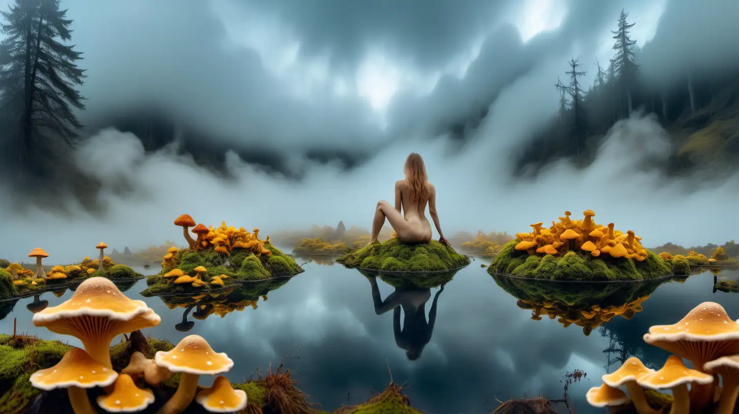 Psychedelic landscape, crystalline bluish mineral clouds, with nude woman in center, Moss, foggy mist, yellow chanterelle mushrooms up to the sky, small lake, taken with DSLR camera, realistic lighting