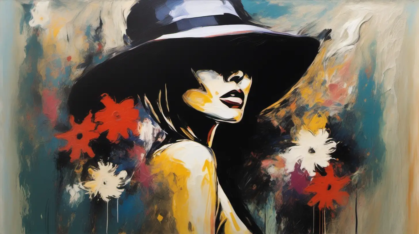 Abstract Expressionism image of a seductive woman wearing a hat, flowers