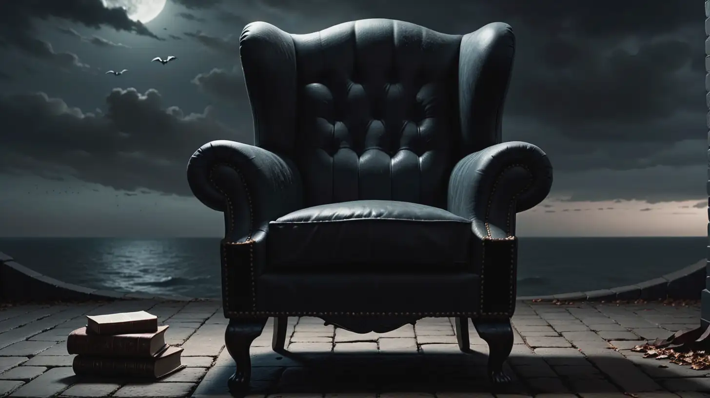 A chair is the subject in a dark room. Edgar Allan Poe is sitting next to it in grief. The background is a dreary sky
