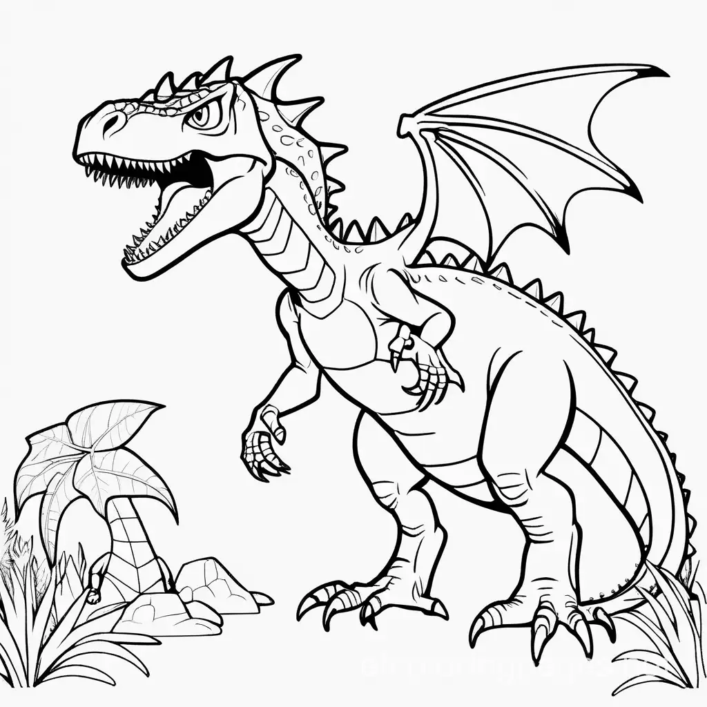 dragon with spikey wings and a t-rex head
, Coloring Page, black and white, line art, white background, Simplicity, Ample White Space. The background of the coloring page is plain white to make it easy for young children to color within the lines. The outlines of all the subjects are easy to distinguish, making it simple for kids to color without too much difficulty