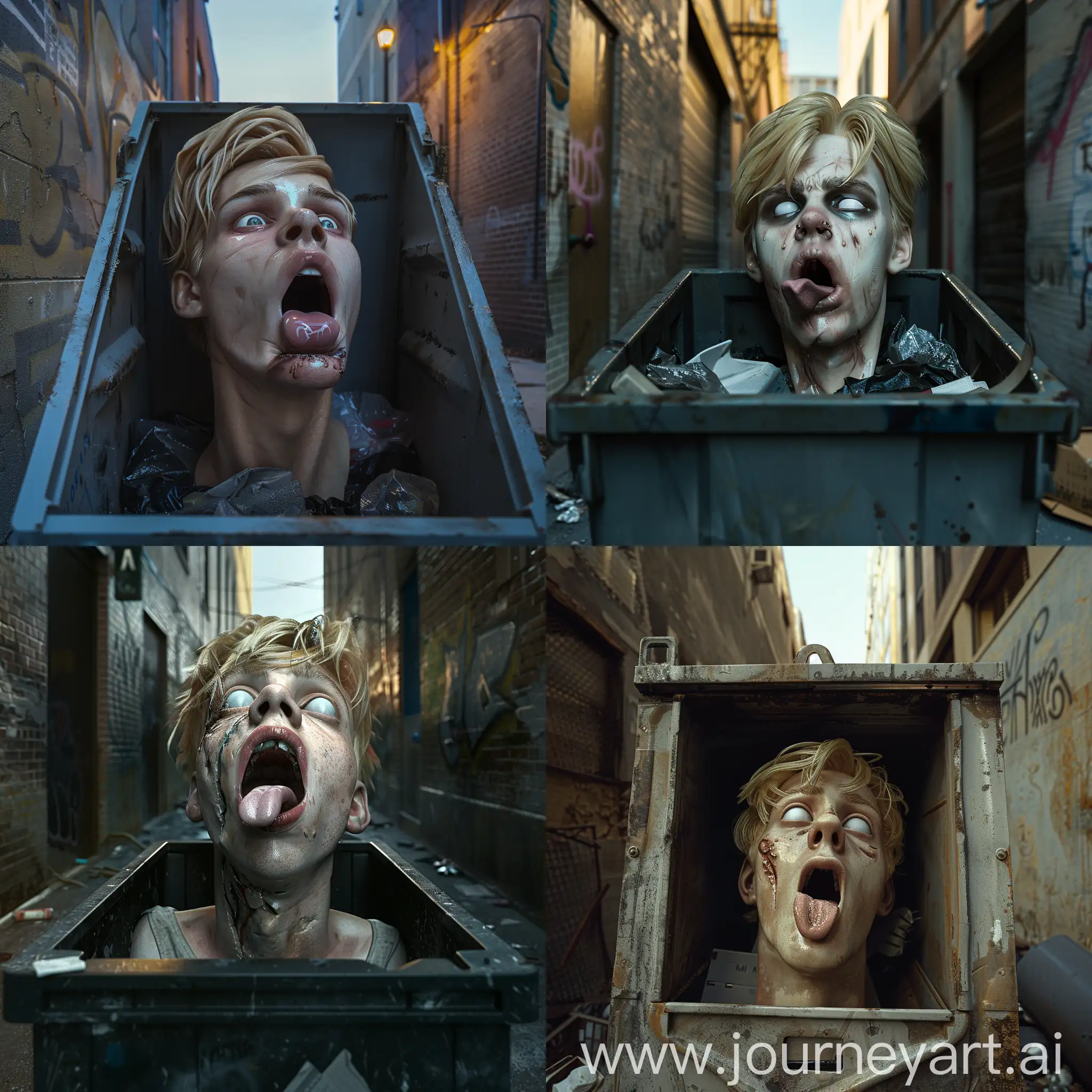 Cinematic lighting, A realistic detached prototype head of a young handsome man inside a dumpster, a good looking young blond male prototype head lying inside a trash dumpster, good looking face with yawning mouth and white blank eyes, with his tongue out, missing neck, Abandoned alley background