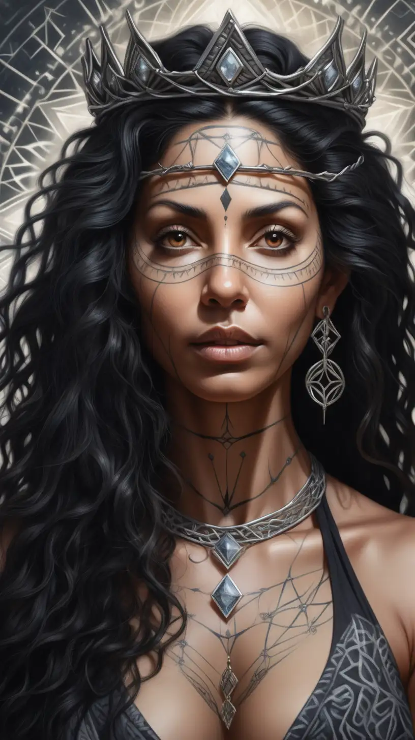 closeup portrait of a woman, long open curly black hair, meditating, yogini, crown of thorns, patterns on face, diamond earrings, supernatural energy radiations emerging out of her, strong energy radiations around, ultra realistic skin texture and details, photorealistic 