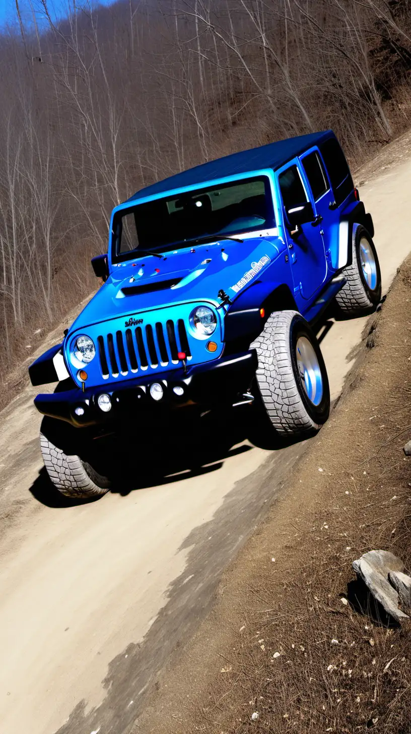 Blue Jeep Wrangler on a steep hill.  --ar 9:20 --v 6.0 --style raw