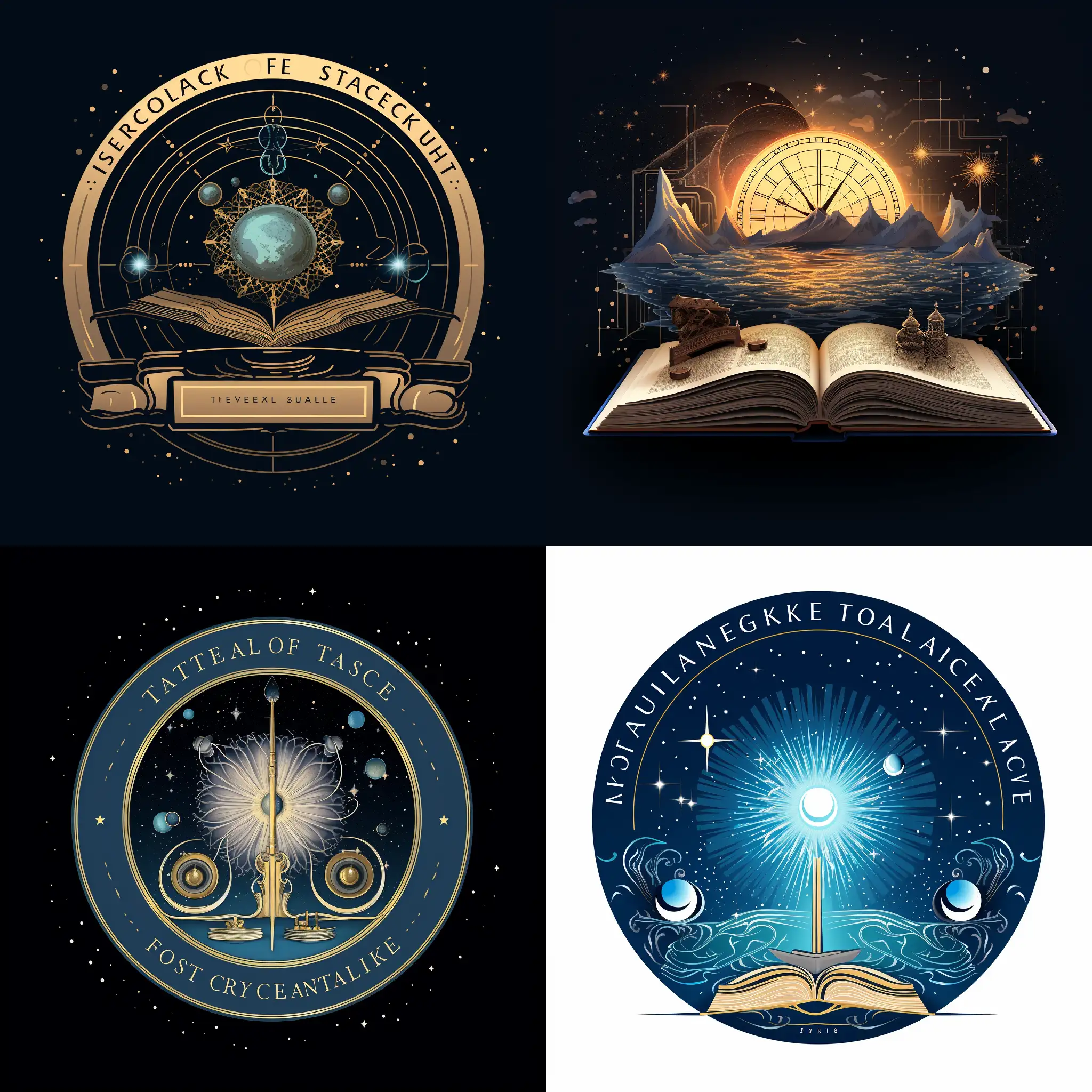 Logo, flat 2D logo with a time line at the base, an image of a clock, the long history of the universe, the whole life of the universe from its inception, high-tech details, the singularity of the universe on an open book and its pages