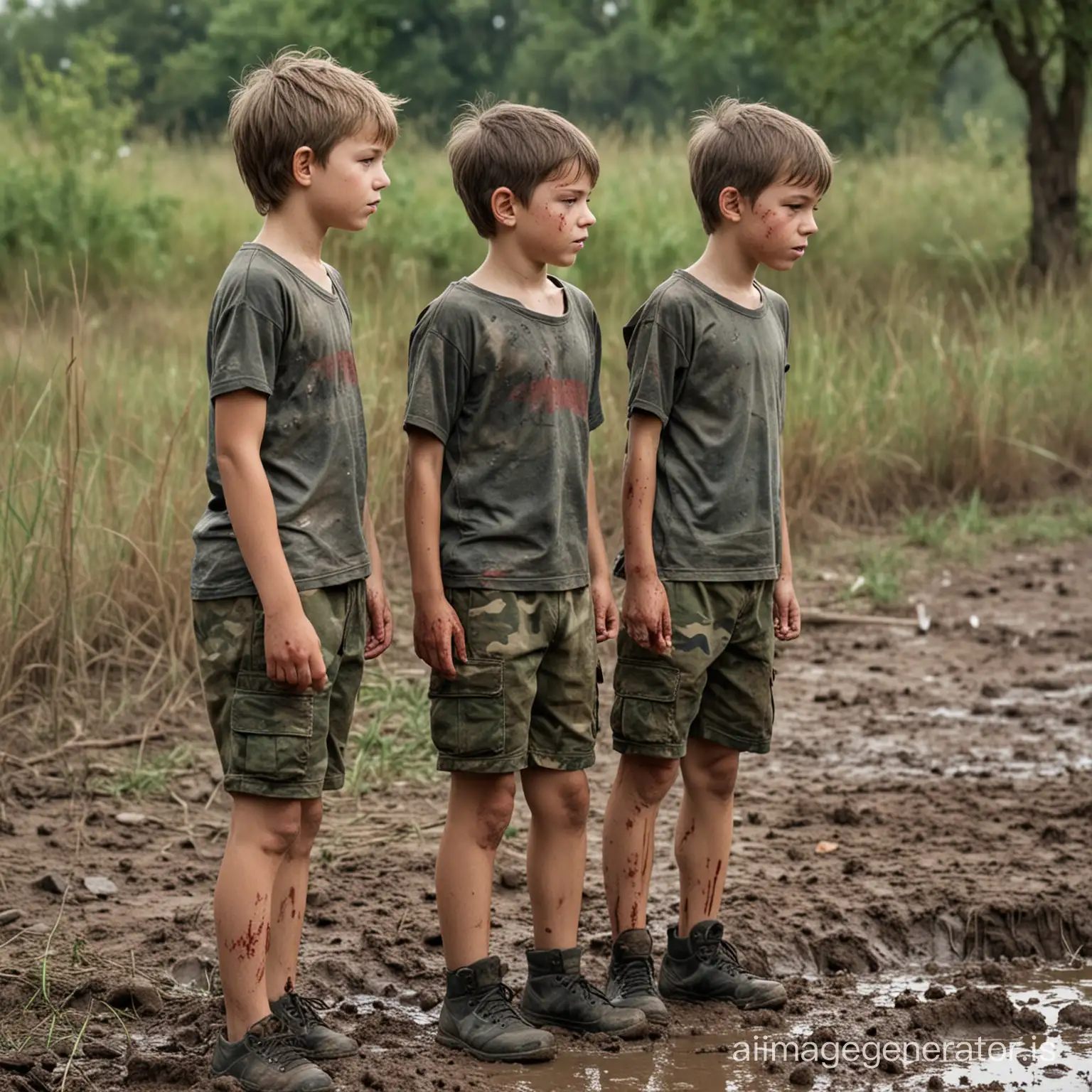 draw a picture of two beautiful 10-year-old  Caucasian boys with short hair, wearing short, thin army camouflage t-shirts and shorts, standing at attention face to face neatly on the muddy grass, with their chests lifting up, and with some wound and blood on their chests. The scene should be peaceful and reflect a serene sacrifice, capturing the innocence, playful and bravery of youth.   