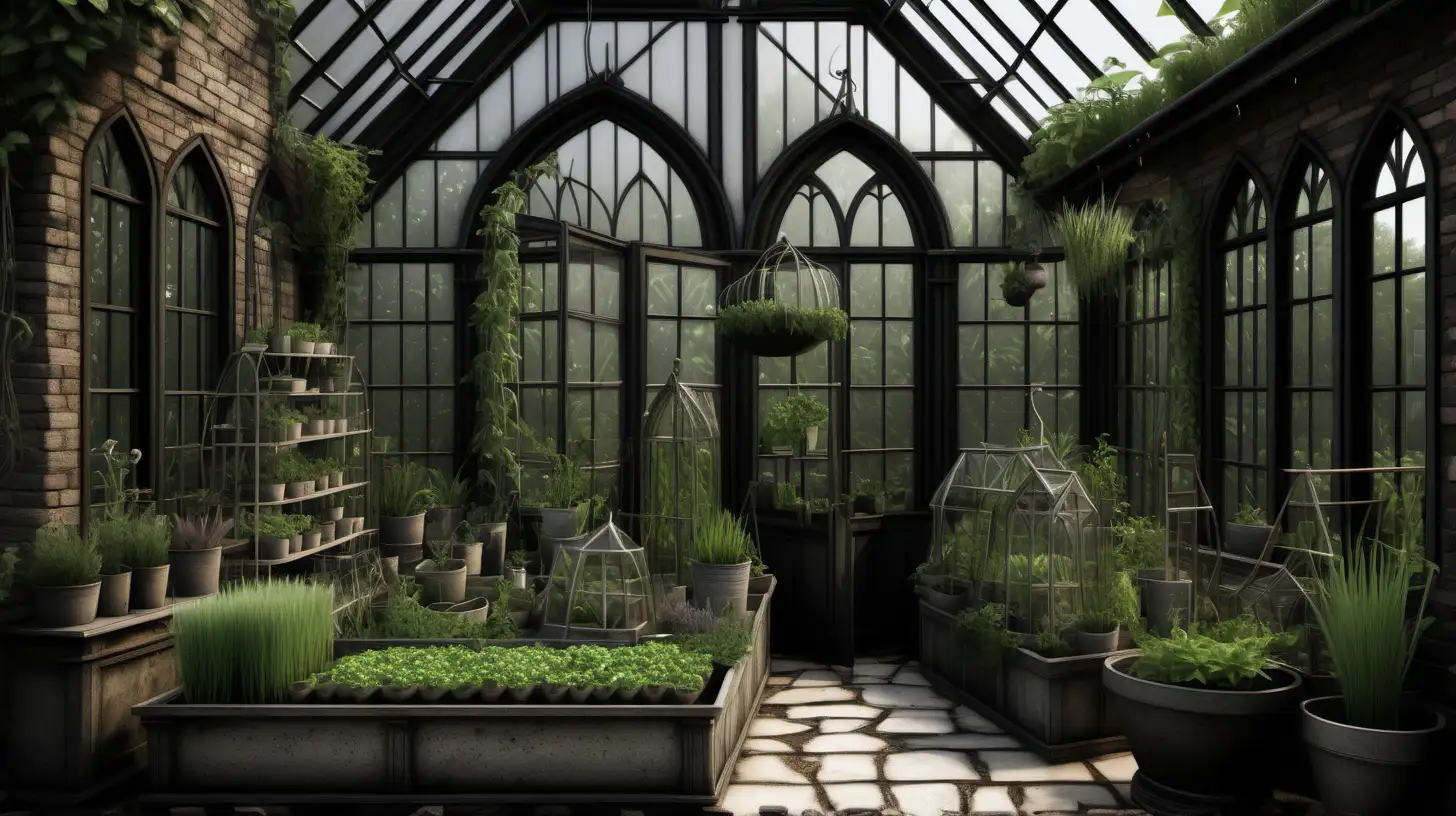 Earthy Gothic Cottage Core Aesthetic Greenhouse Realism with Herb Planting