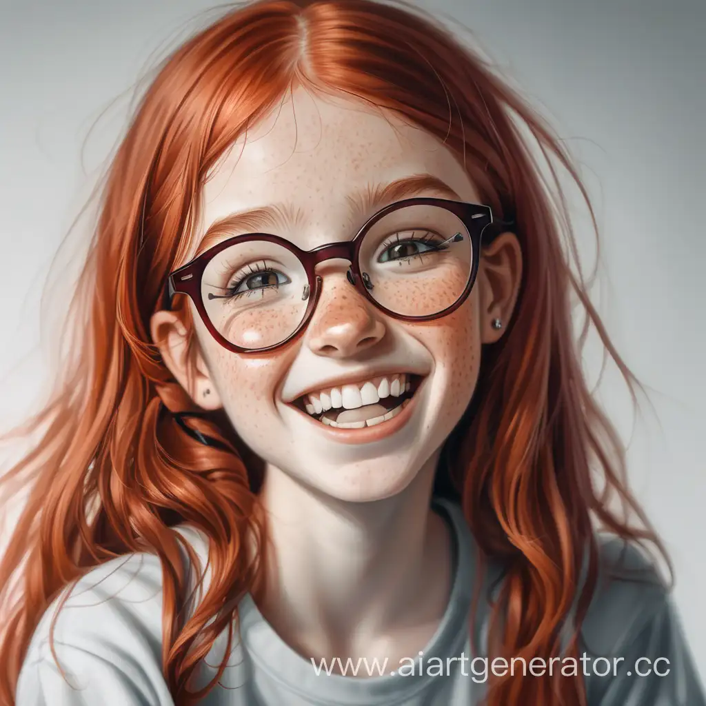 Рыжая девочка с веснушками в очках с кривыми зубами