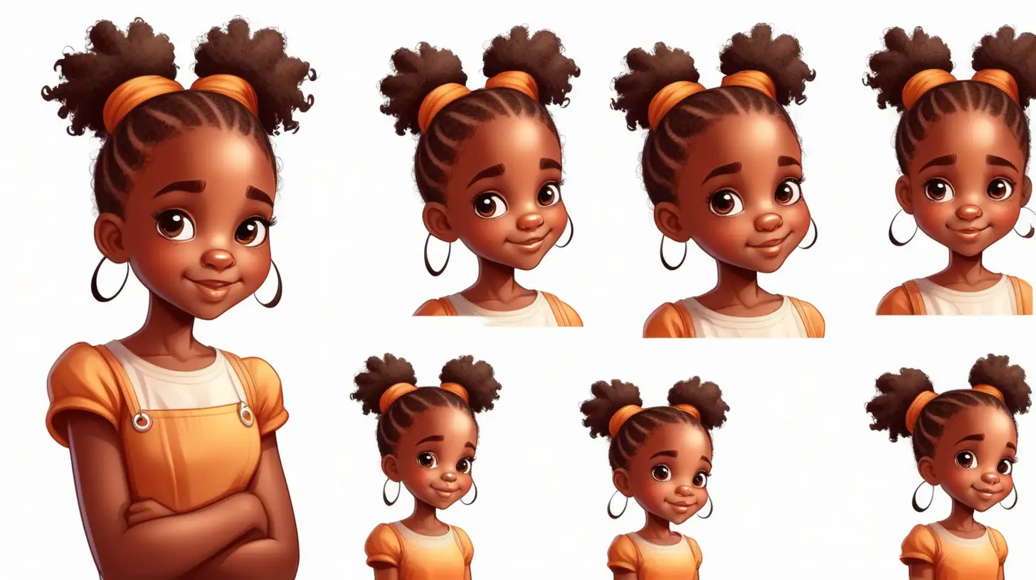 Cute African girl with afropuff pigtails, different angles, character sheet in the children's book illustration style.