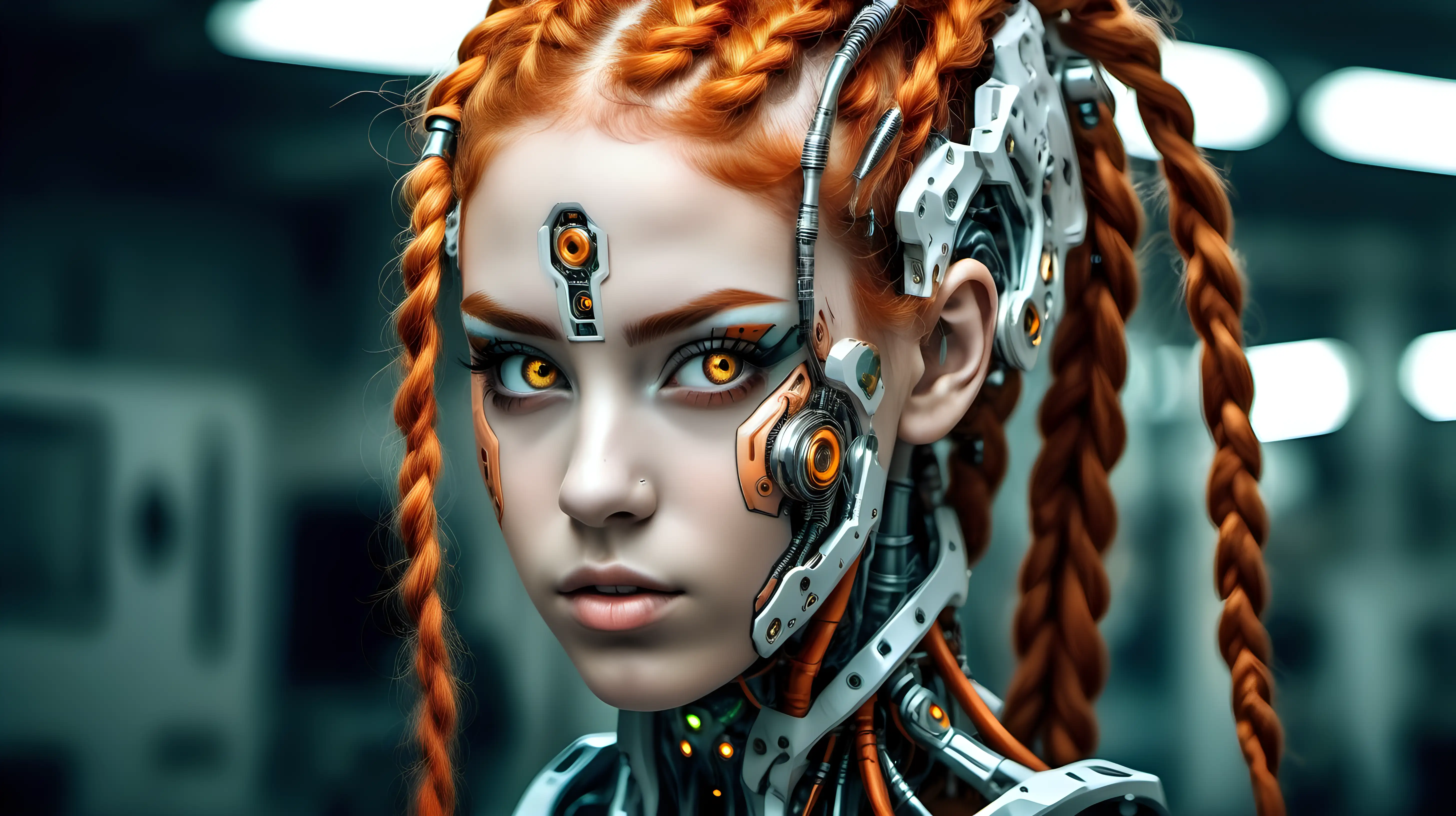 Gorgeous cyborg woman, 18 years old. She has a cyborg face, but she is extremely beautiful. Wild hair, orange braids, green eyes,