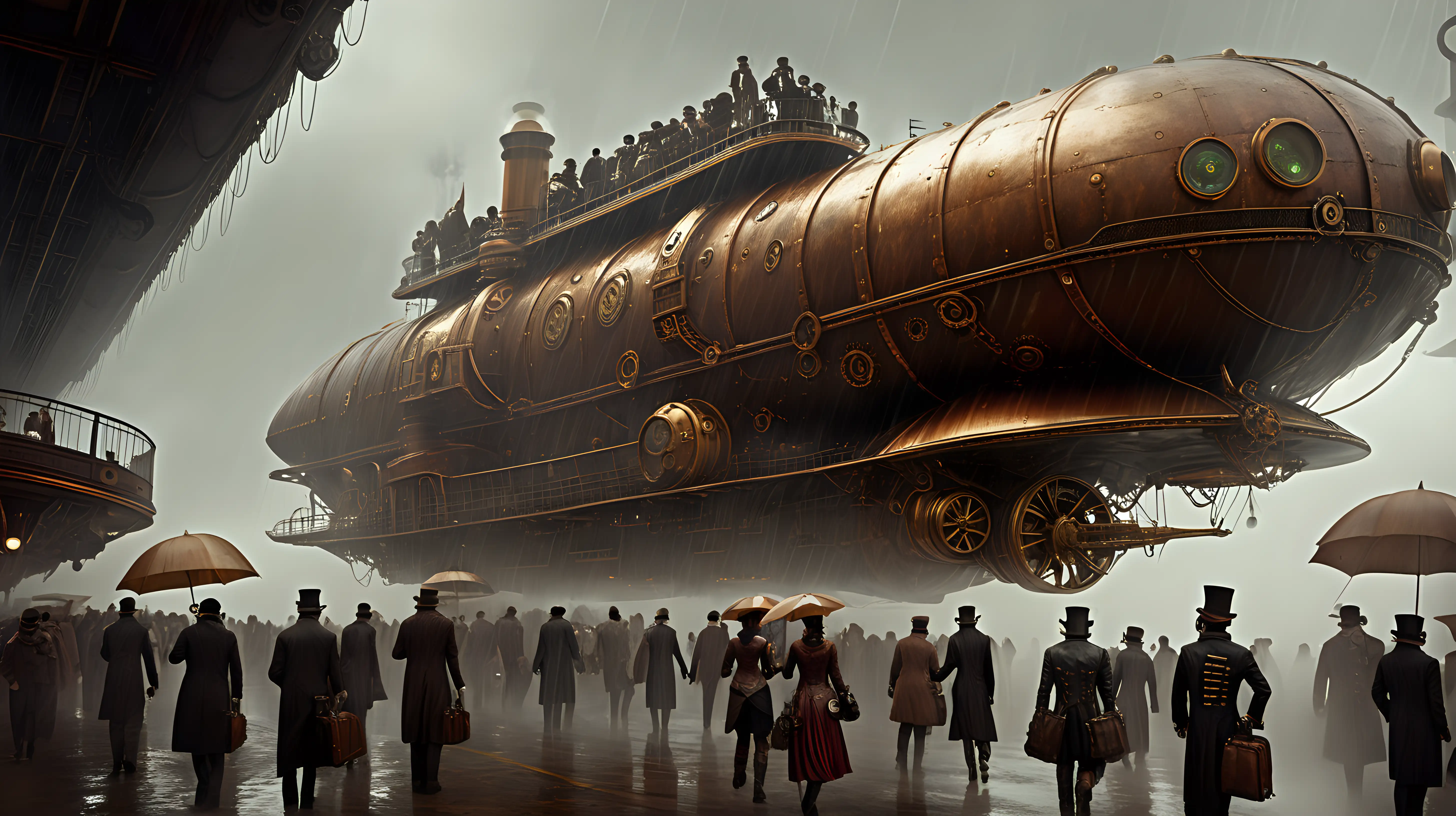 Steampunk steamspaceship passengers  boarding  earth fog rain