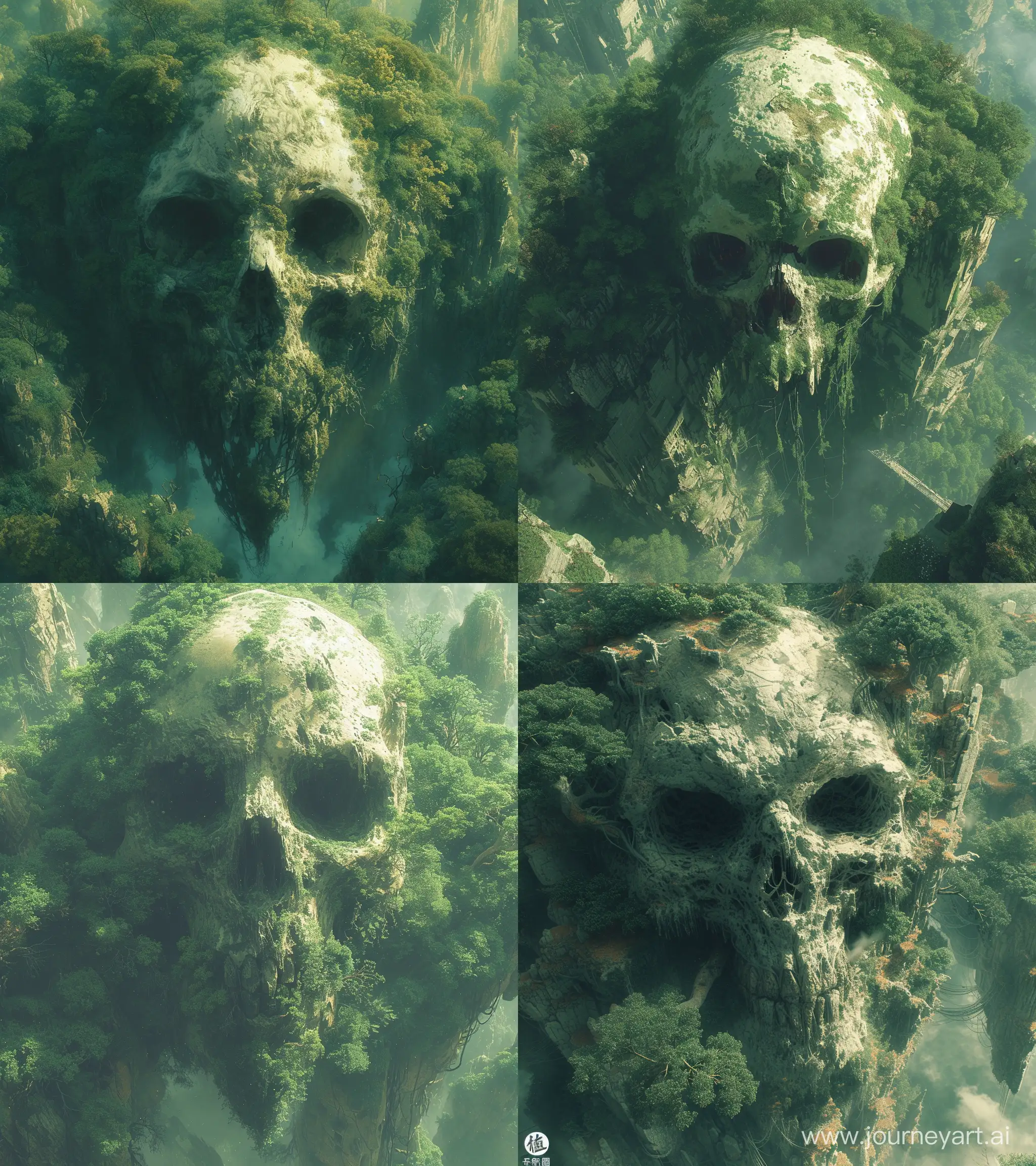 a picture shows a very large skull in the forest, in the style of 2d game art, aerial photography, light green and amber, northern china's terrain, tim hildebrandt, passage, precarious balance --ar 113:128 --s 250