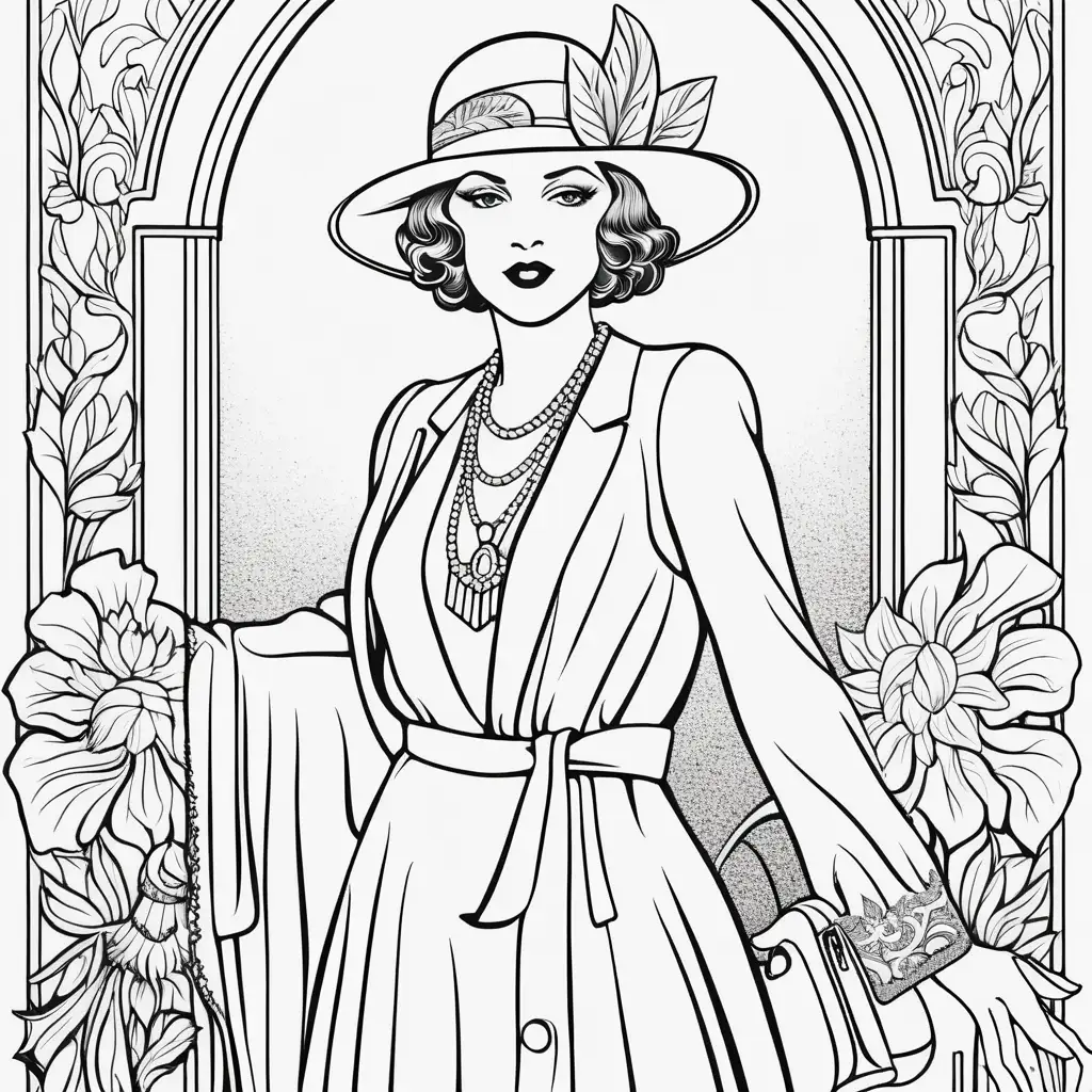 Coloring page with a woman dressed as în 1930