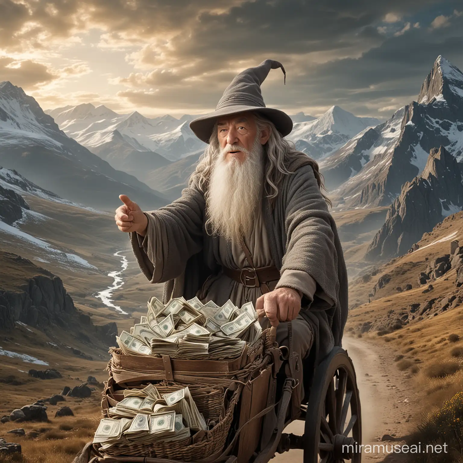 Gandalf rides a chariot with money in both hands with a wild expression on his face in a mountain landscape