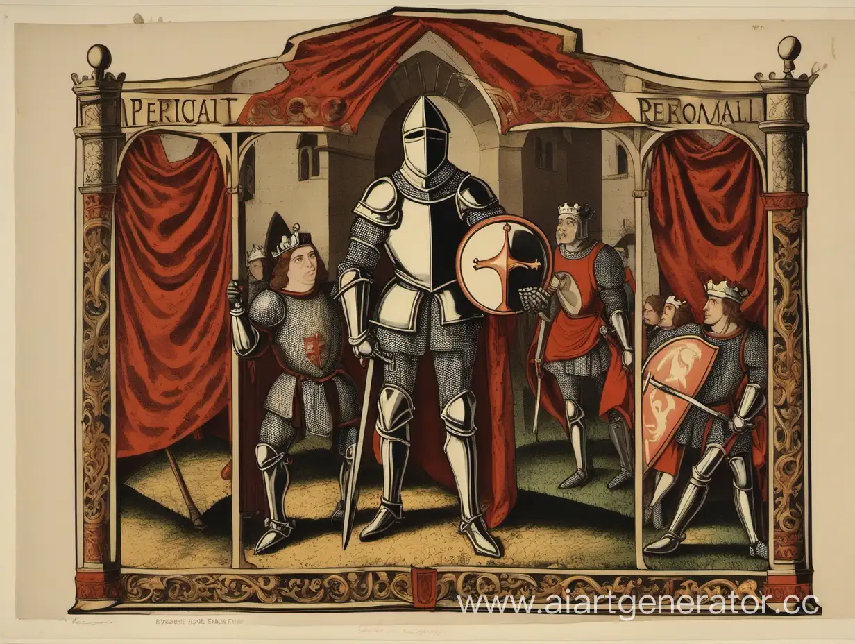 medieval poster for theatral performance with knight on right side of poster staying with shield 