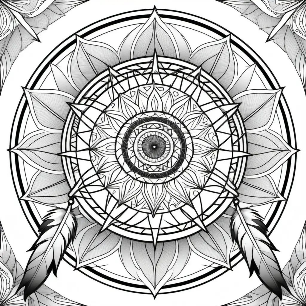 Adult coloring book. 3d dream  catcher background. Black and white, no shading, no color, thick black outline. Symmetrical mandala made of geometric shapes.