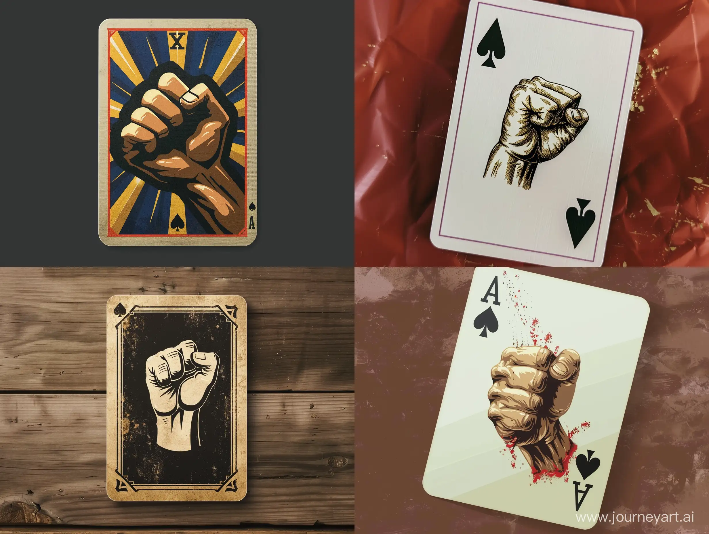 A playing card depicting a fist with upward  movement, retro fighting game