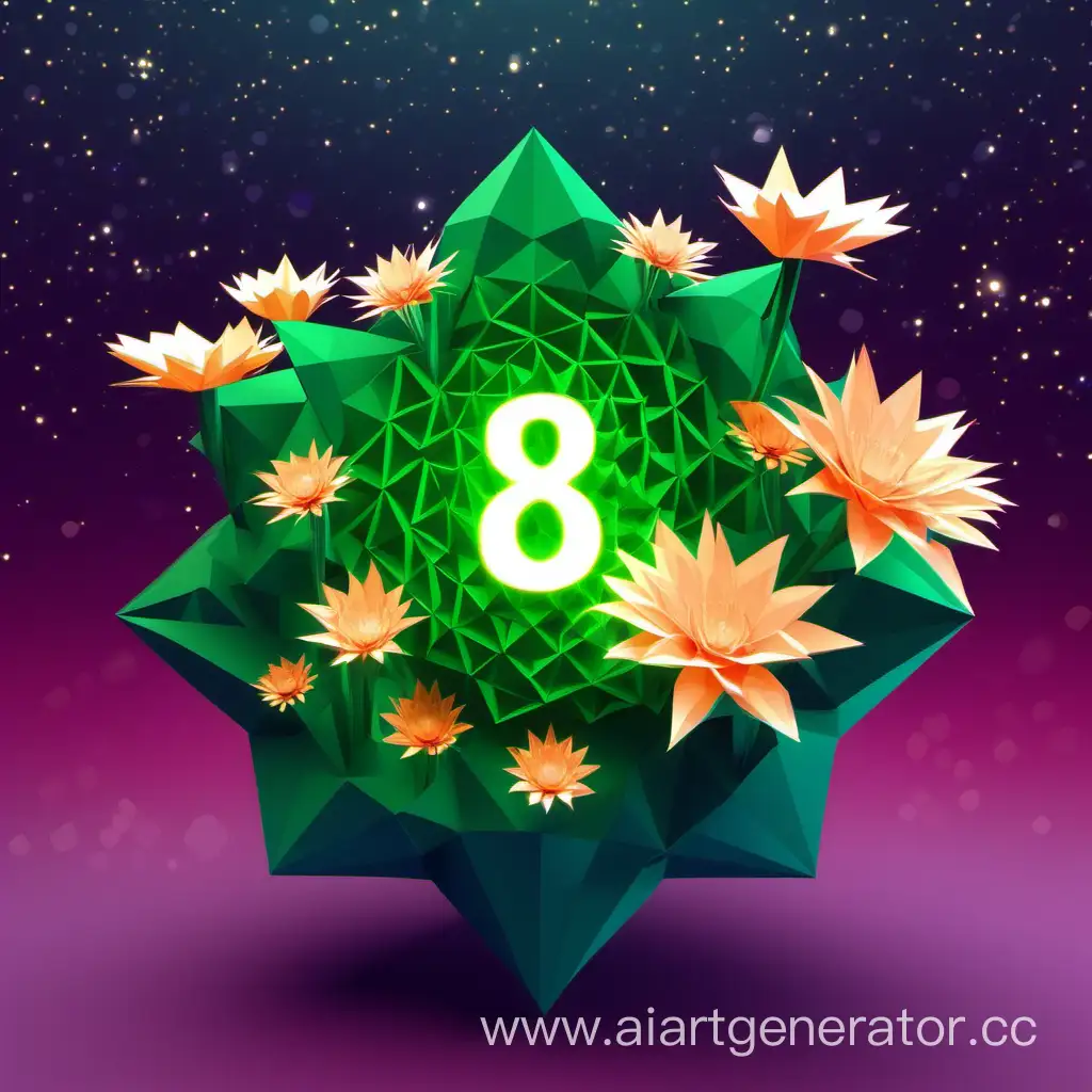 Low-Poly-Digital-Art-of-Big-Eight-with-Flowers-in-Space-4K-Postcard-Design