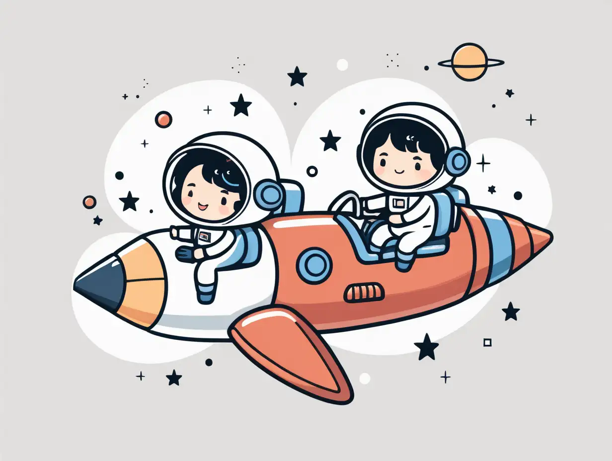 cute astronout couple riding rocket simple vector, 2d