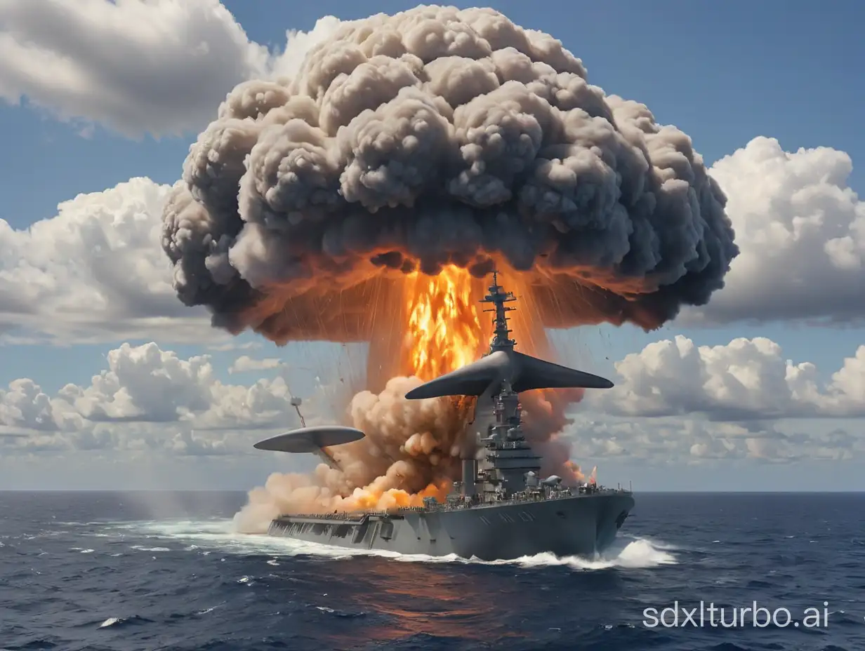A sperm whale weighing about 666 tons in the deep sea captured a torpedo containing 66 tons of explosives on a 100000 ton aircraft carrier on the water surface, and we can see a huge mushroom cloud from the sea surface