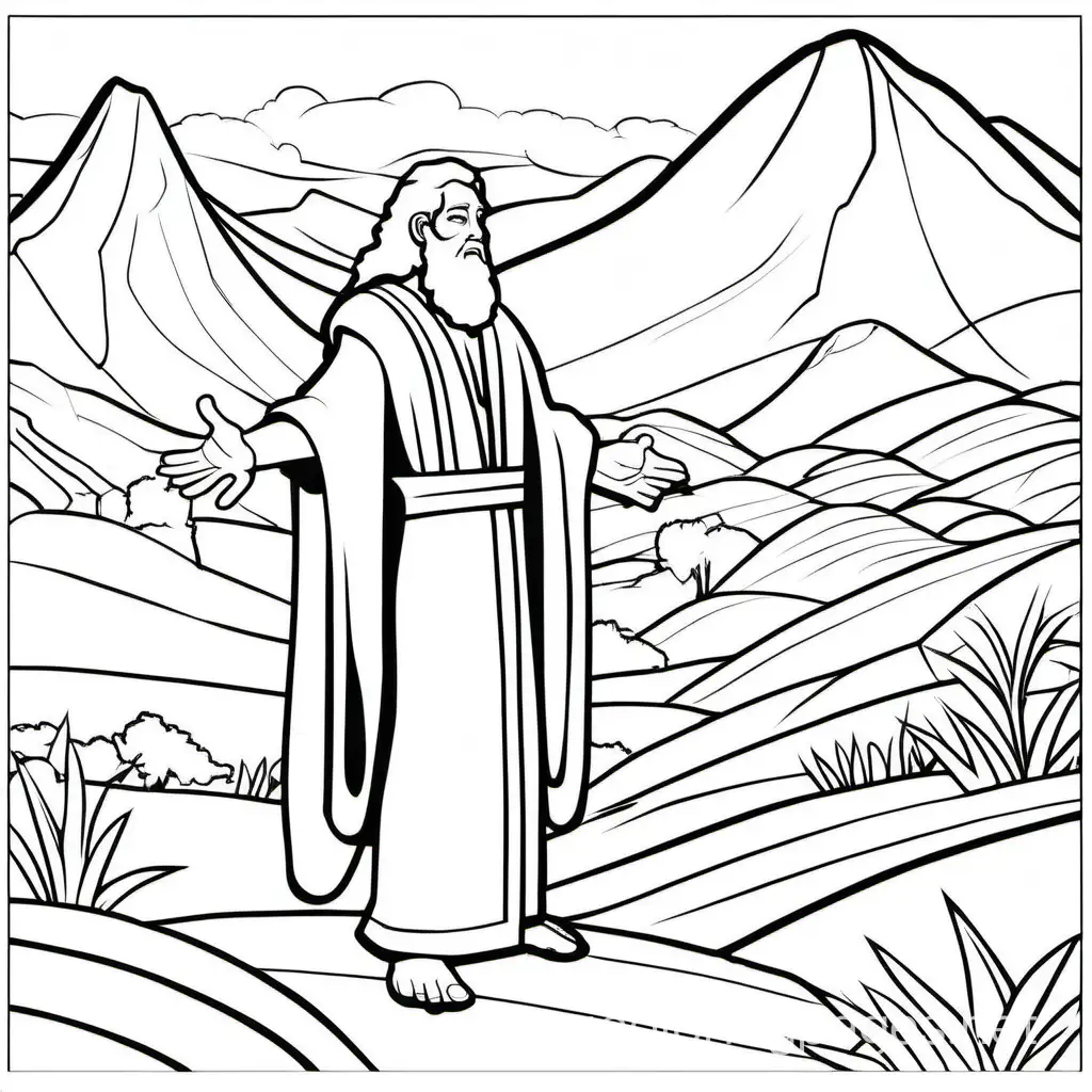 The story of Moses, Coloring Page, black and white, line art, white background, Simplicity, Ample White Space. The background of the coloring page is plain white to make it easy for young children to color within the lines. The outlines of all the subjects are easy to distinguish, making it simple for kids to color without too much difficulty