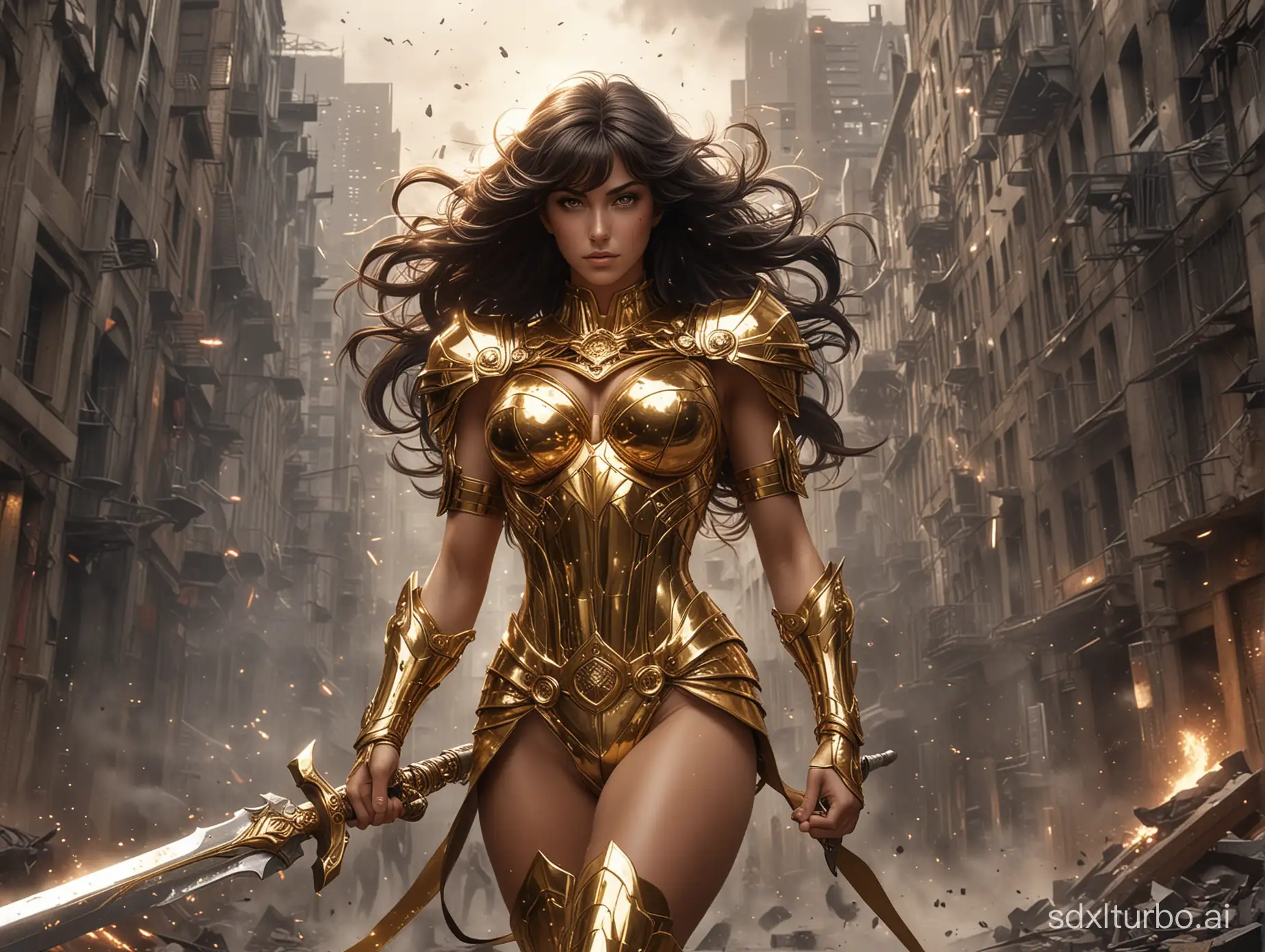 In the manga Saint Seiya, the style of the Golden Saints, Realistic style, view from below, futuristic beautiful woman with deadly golden bikini armor, futuristic weapons, holding a deadly big sword, explosions lighting up the night, smoke, sparks, destroyed buildings, rubble, debris, in the style of Gerald Brom and Dan Abnet, high details, 16k, Unreal Engine 5, Stylish women, mythical warrior princess
