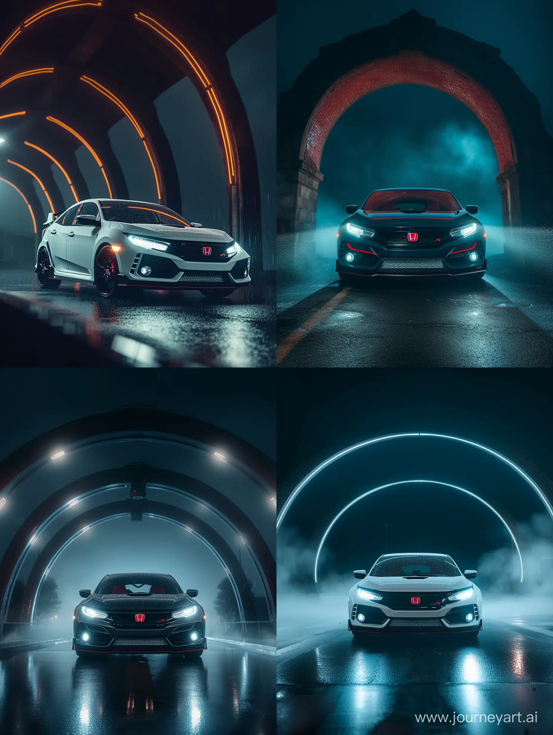 Honda civic type r 2019 stands at night in a dark arch, with headlights on, rainy weather, fog all around, cinematic aesthetics HD HQ 8K