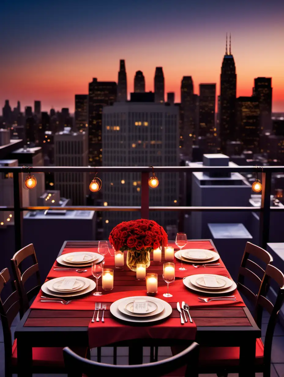 Describe a Valentine's Day dinner on a city rooftop, overlooking a skyline at sunset, complete with twinkling lights and a gentle breeze.
