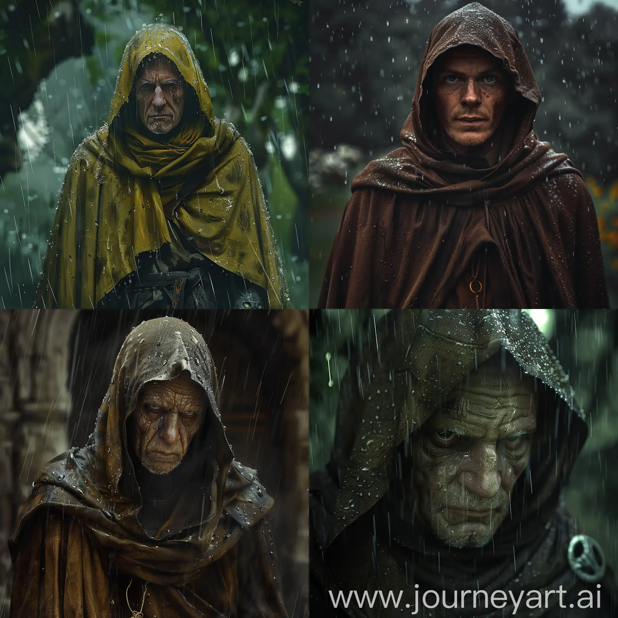 Монах в мокрых одеяниях, дождь, прямой взгляд, европеоид, стиль фентези