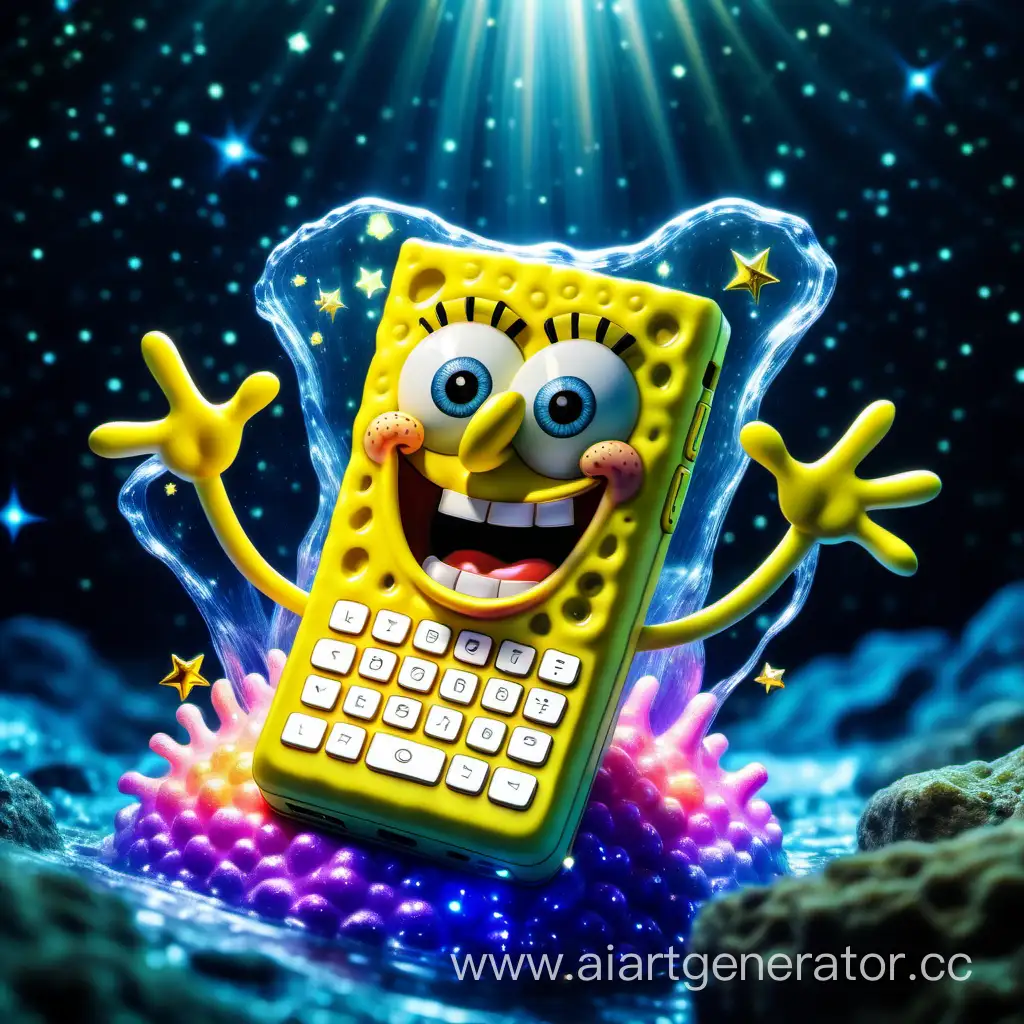 роскошный губка боб в виде мобильного телефона с клавиатурой в лучистом и разноцветном звёздном потоке