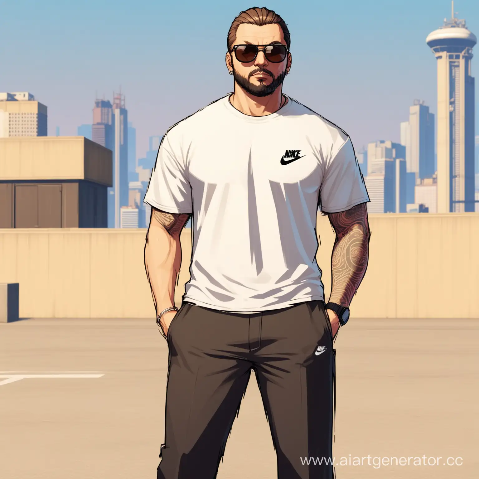 человек стоит в белой футболке nike и в кроссовках airforce в солнечных очках средняя прическа в стиле GTA среднего телосложения