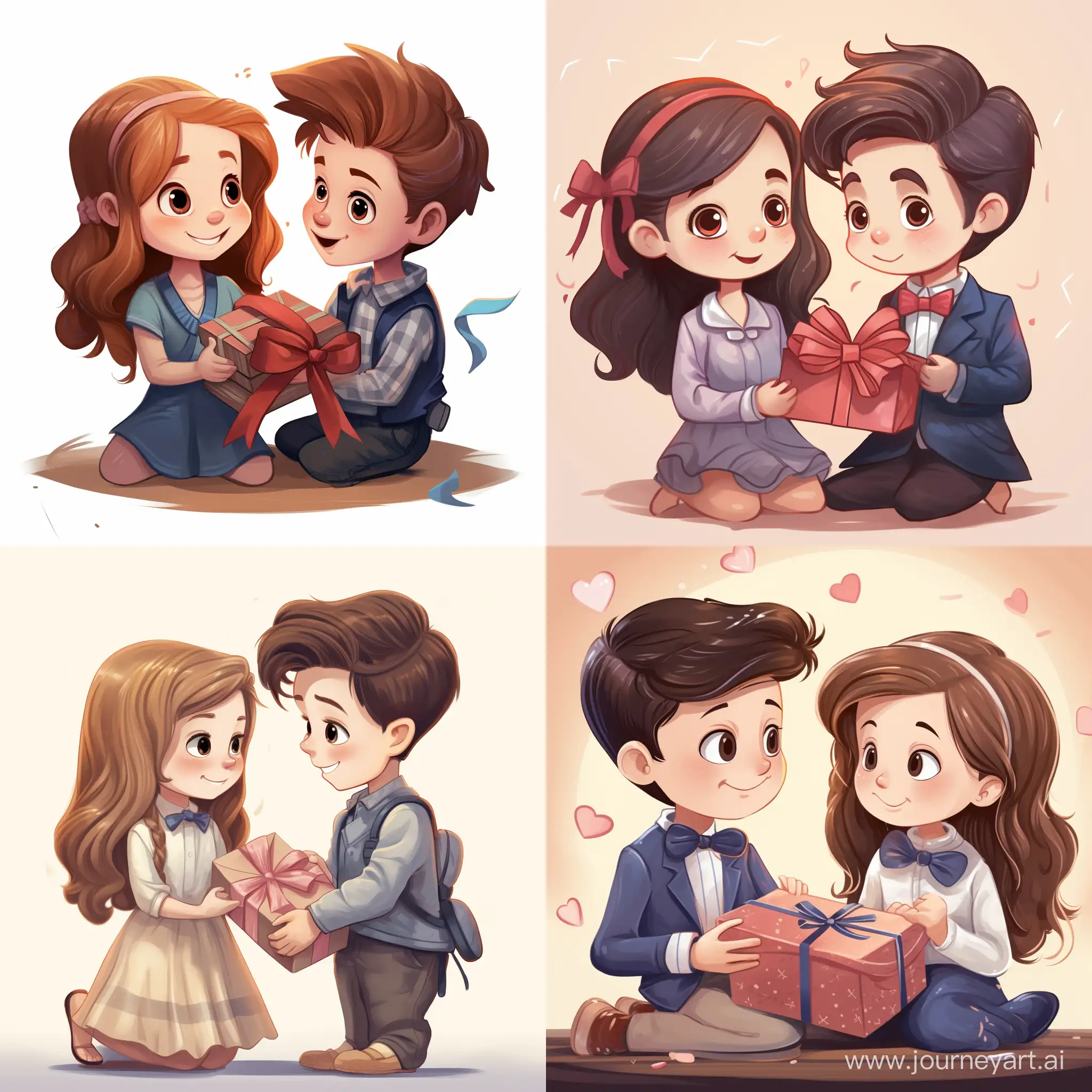Cartoon style. A boy gives a girl a book as a gift, tied with a gift ribbon.