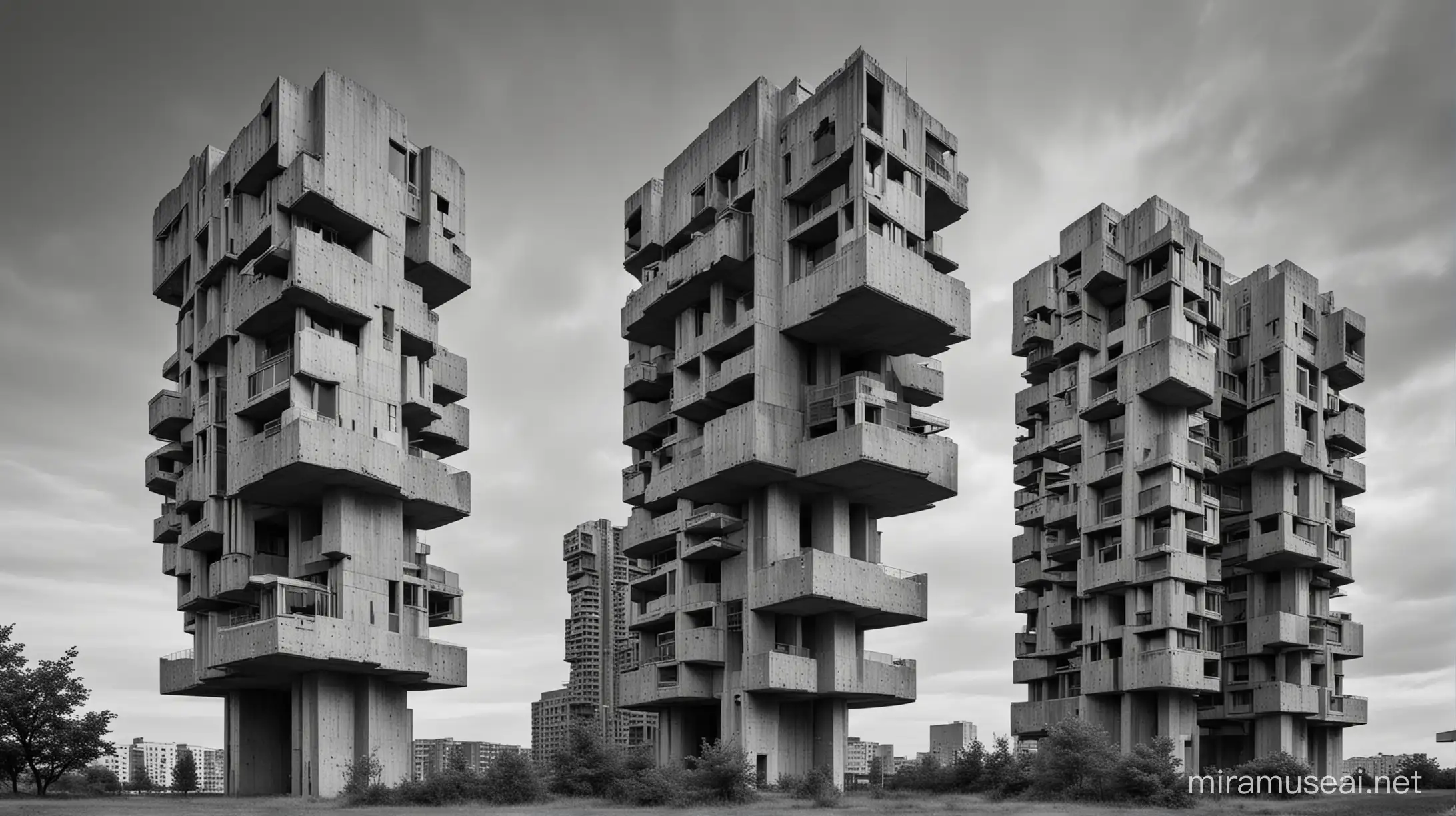 Modern Brutalist Architecture Geometric Concrete Structures in Urban Landscape