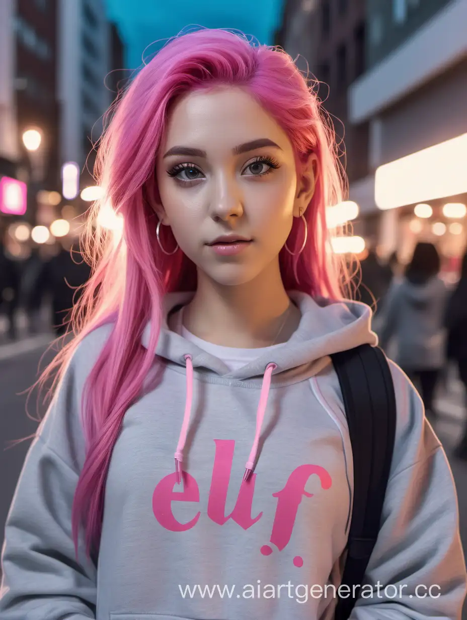 Urban-Twilight-PinkHaired-Elf-Girl-in-Gray-Jacket-on-Busy-Evening-Street