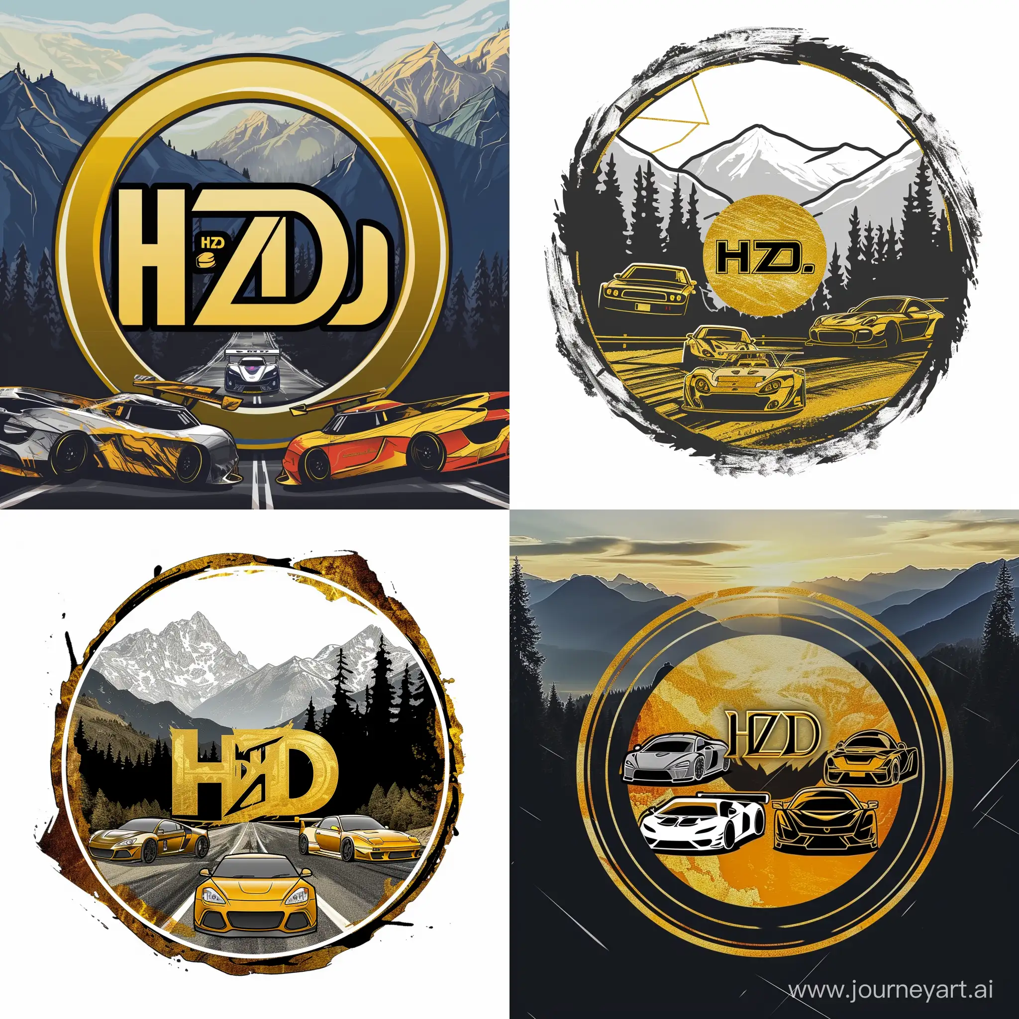 draw style car race logo in circle shape, some racing cars, gold main color
with HZD tag in the middle, mountains with trees with road in backround